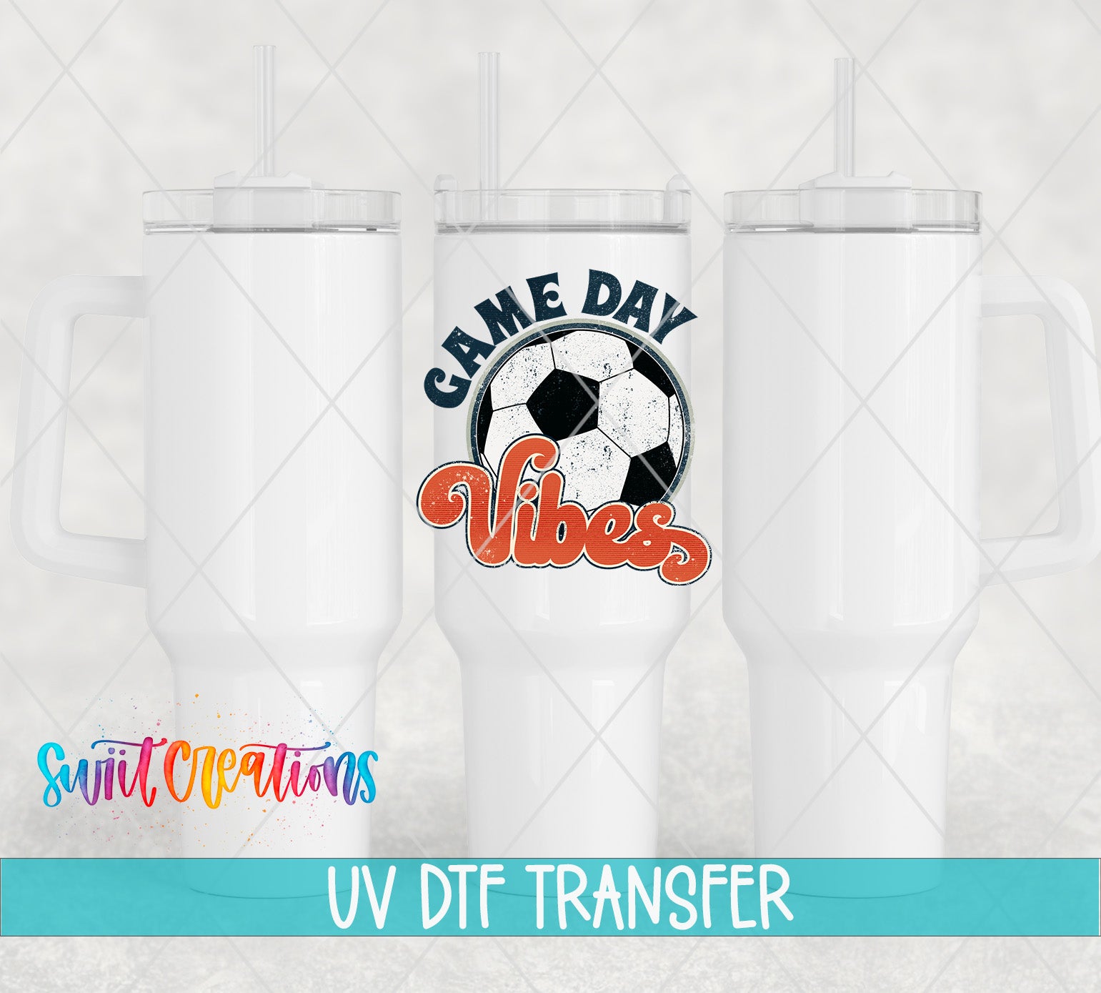 Three white tumblers featuring the Soccer Game Day Vibes UV DTF transfer by Swiit Creations