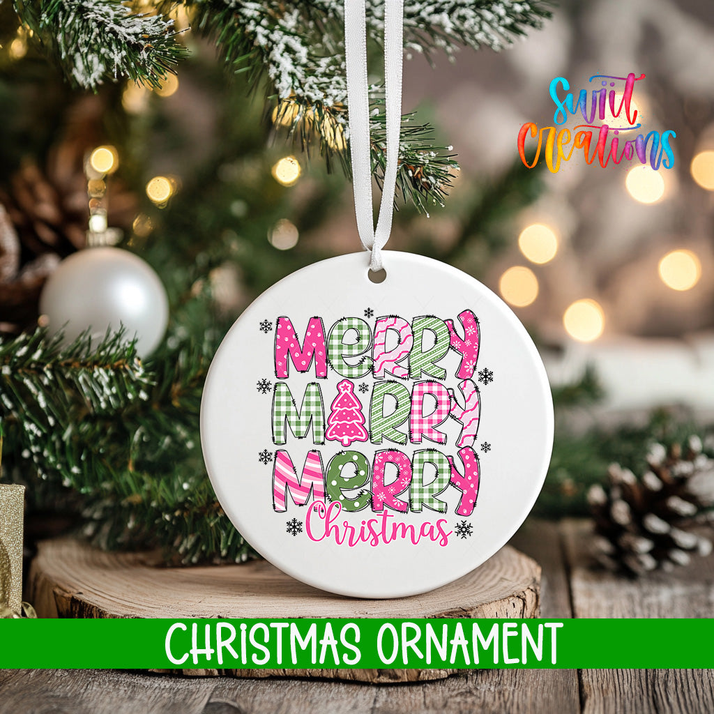 A white Christmas ornament with the text "Merry Merry Merry Christmas" printed on it, hanging on a decorated Christmas tree.