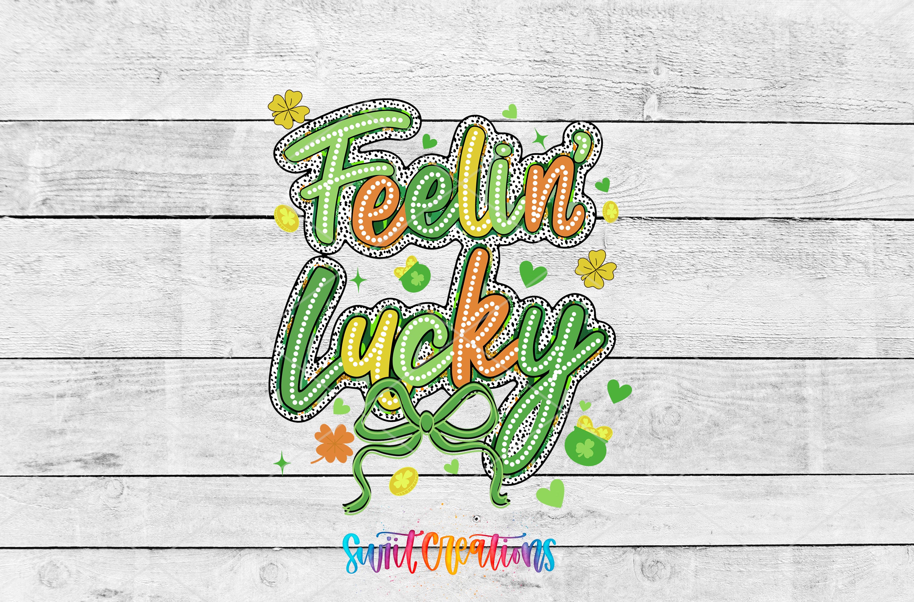 a colorful and whimsical design with the text "Feelin' Lucky" prominently displayed. The design includes various decorative elements such as flowers, hearts, and stars, creating a festive and cheerful atmosphere.