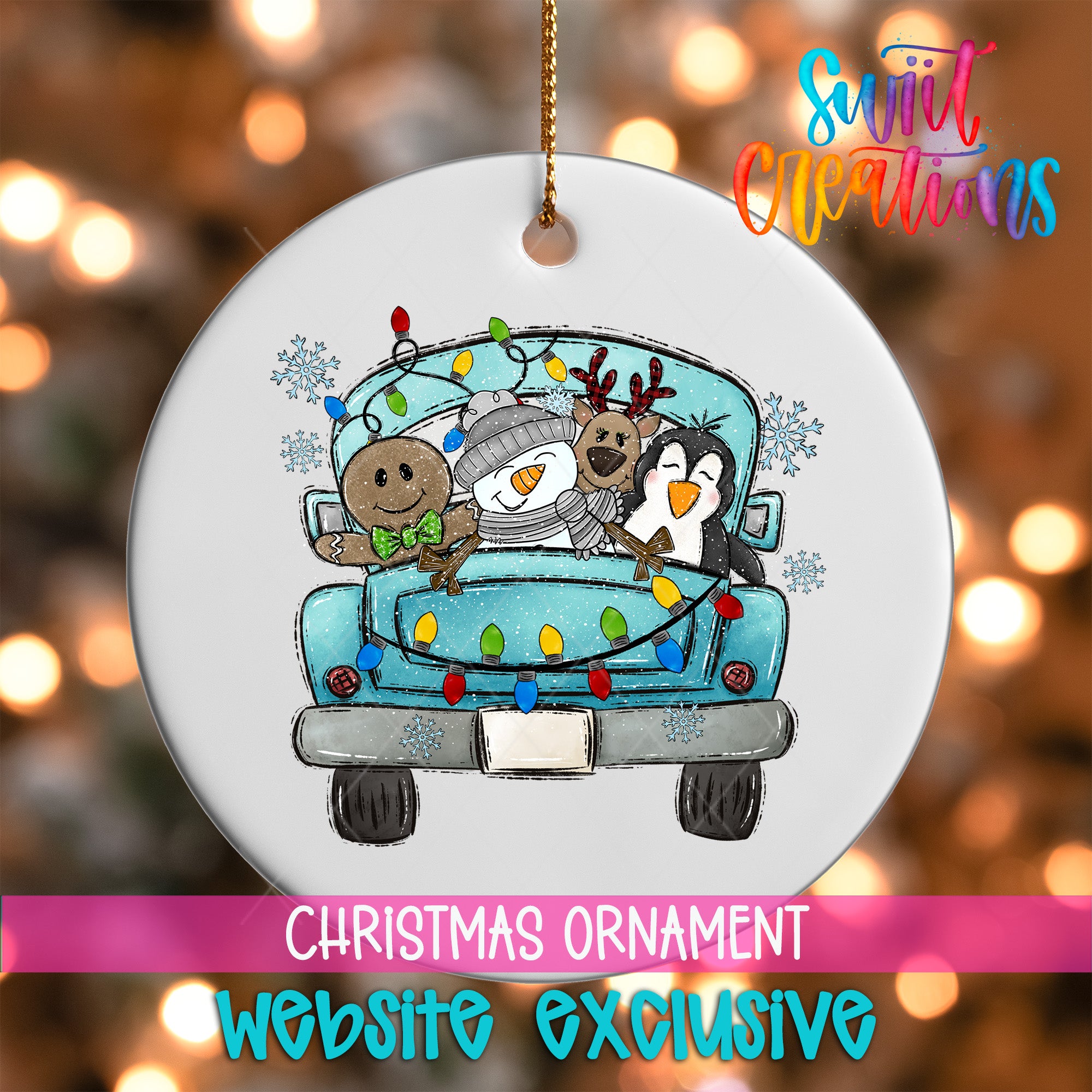 A white Christmas ornament with a truck decorated with Christmas lights and various holiday-themed characters, including a snowman, reindeer, and penguin.