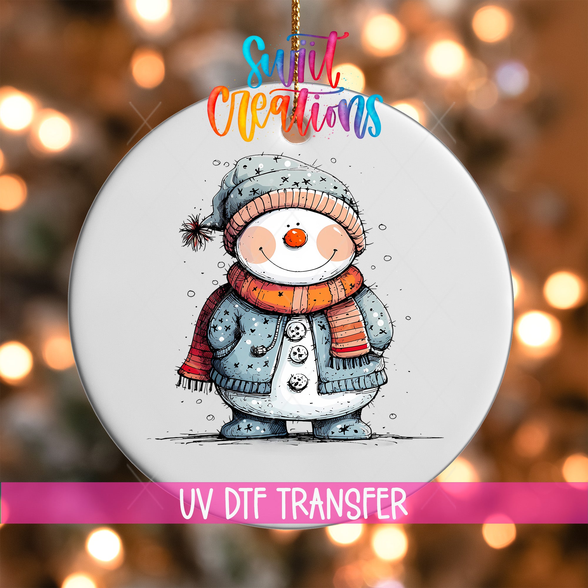 A snowman ornament with a scarf and hat, set against a background of colorful lights.