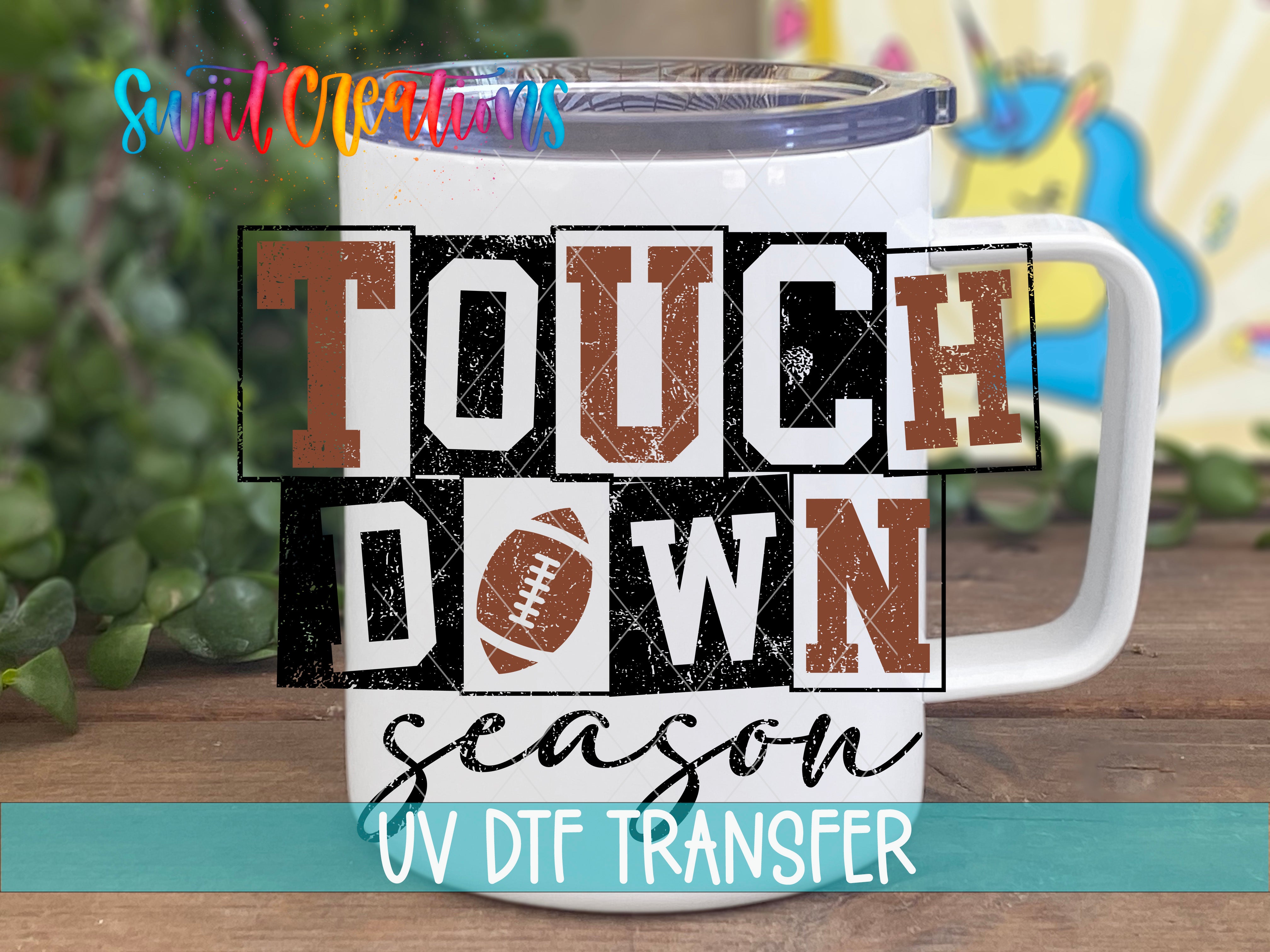 Swiit Creations UV DTF Touchdown Season transfer displayed on a white coffee mug