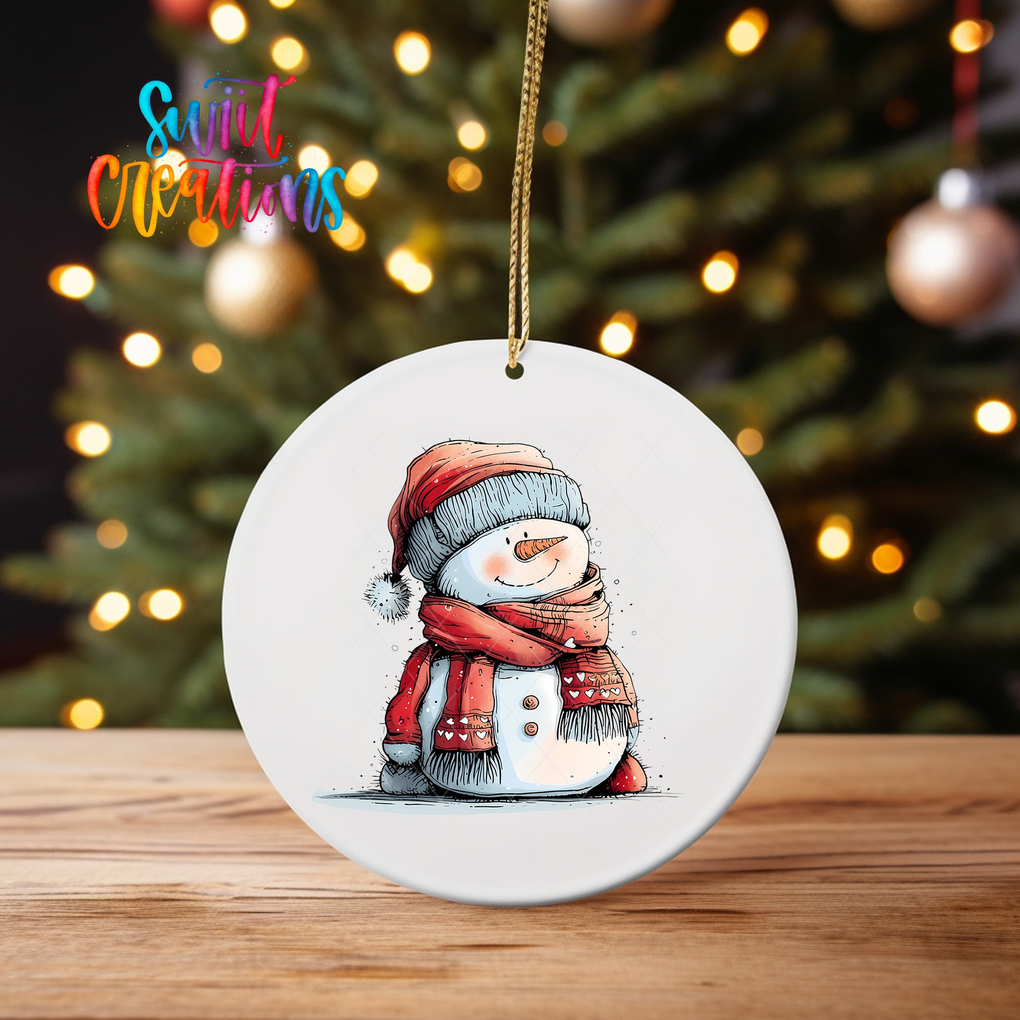 A white oval ornament featuring a snowman wearing a red scarf and hat, sitting on a wooden surface with a blurred background of a Christmas tree and twinkling lights.