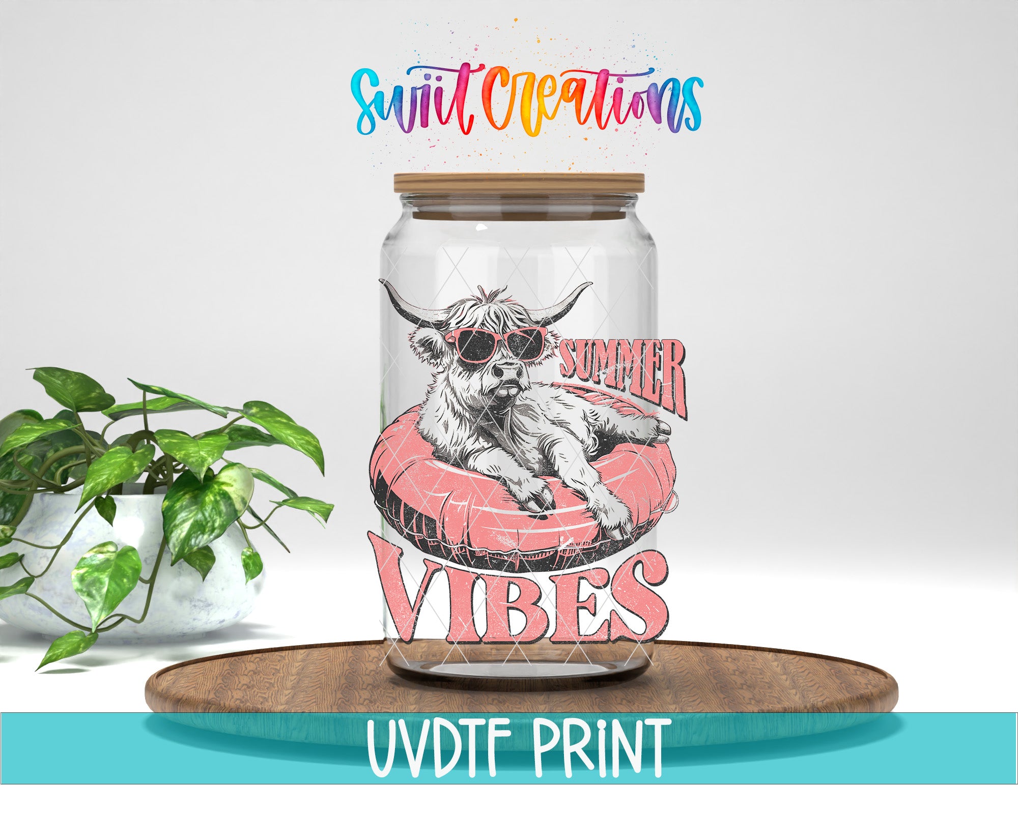 A glass jar with a cartoon cow wearing sunglasses and a red inner tube, sitting on a wooden board, with the text "Summer VIBES" and "Swift Creations" written above it.