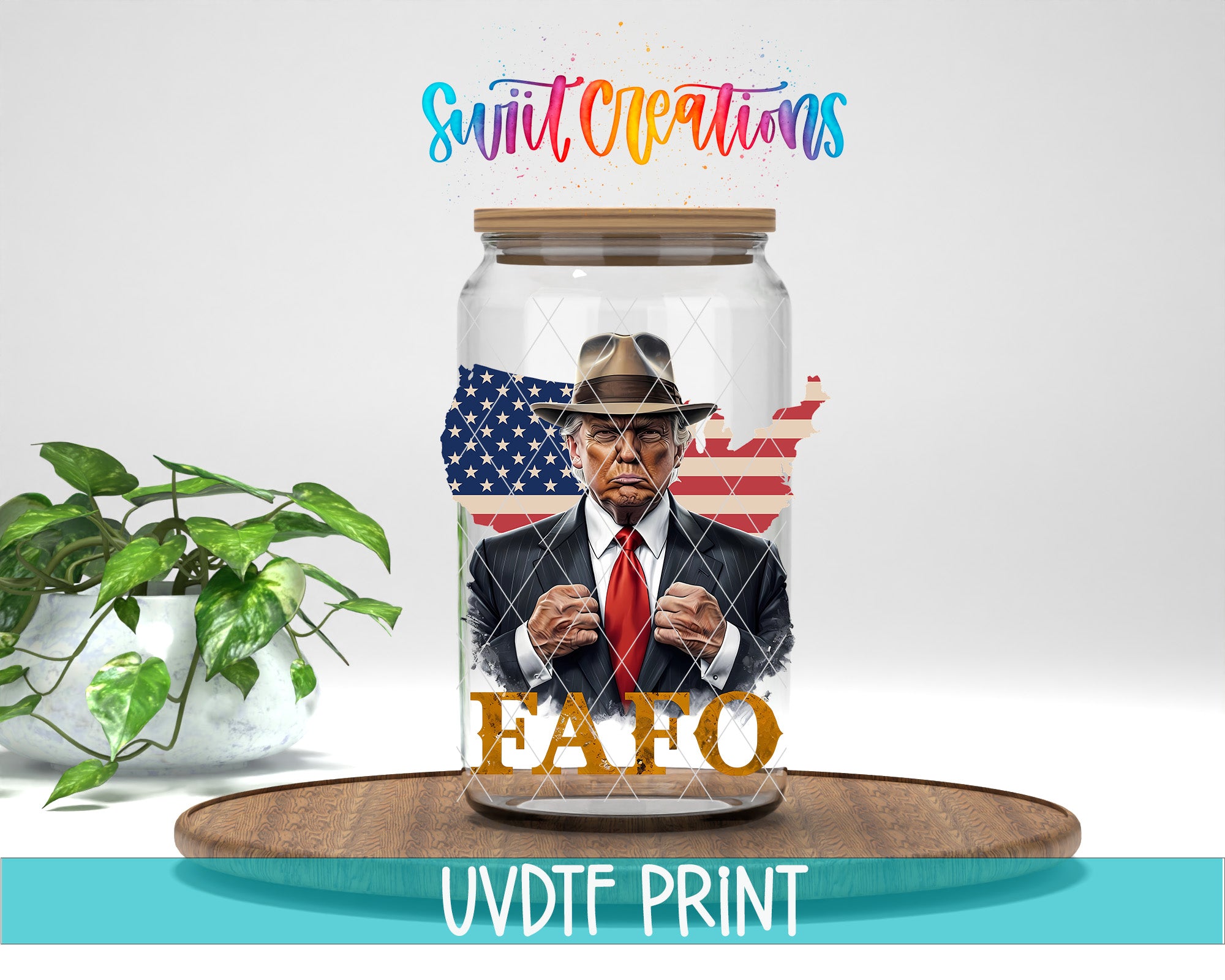 a man wearing a suit and tie, with an American flag in the background, inside a glass jar with the text "EAFO" printed on it.