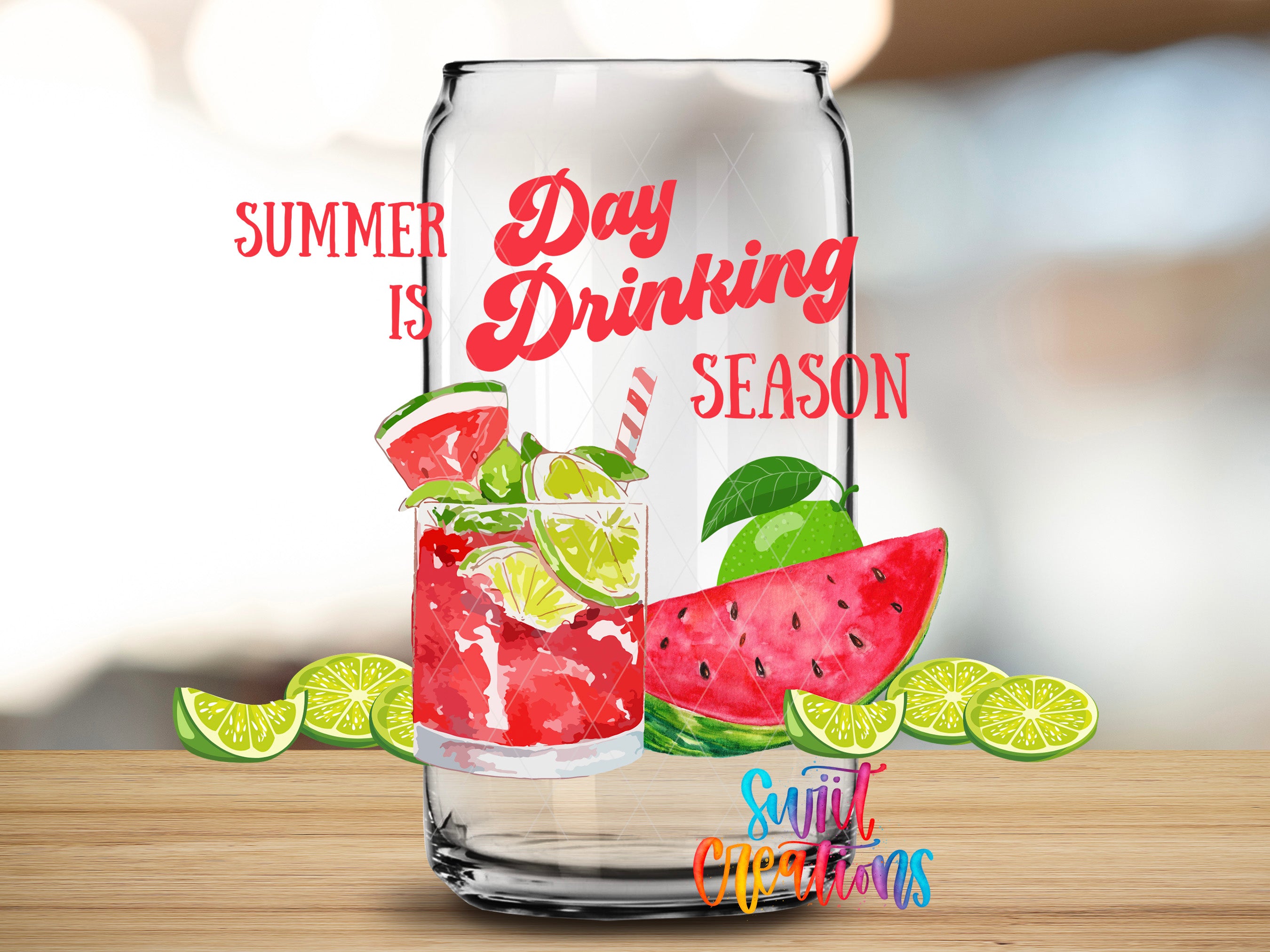 a glass of water with a slice of watermelon and a slice of lime, accompanied by the text "Summer is Drinking Season" and "Suitcase Capriations" in a stylized font.