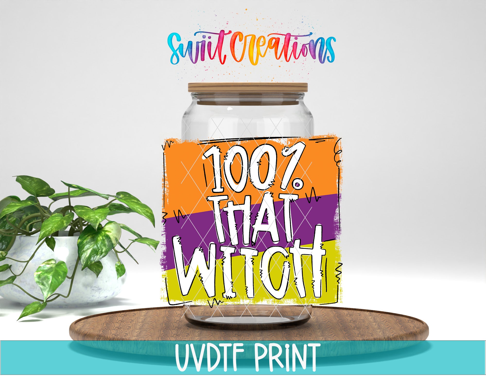 a large glass jar with a label that says "1007. THAT WITCH" in a colorful, artistic style. The jar is placed on a wooden surface, and there is a potted plant in the background.