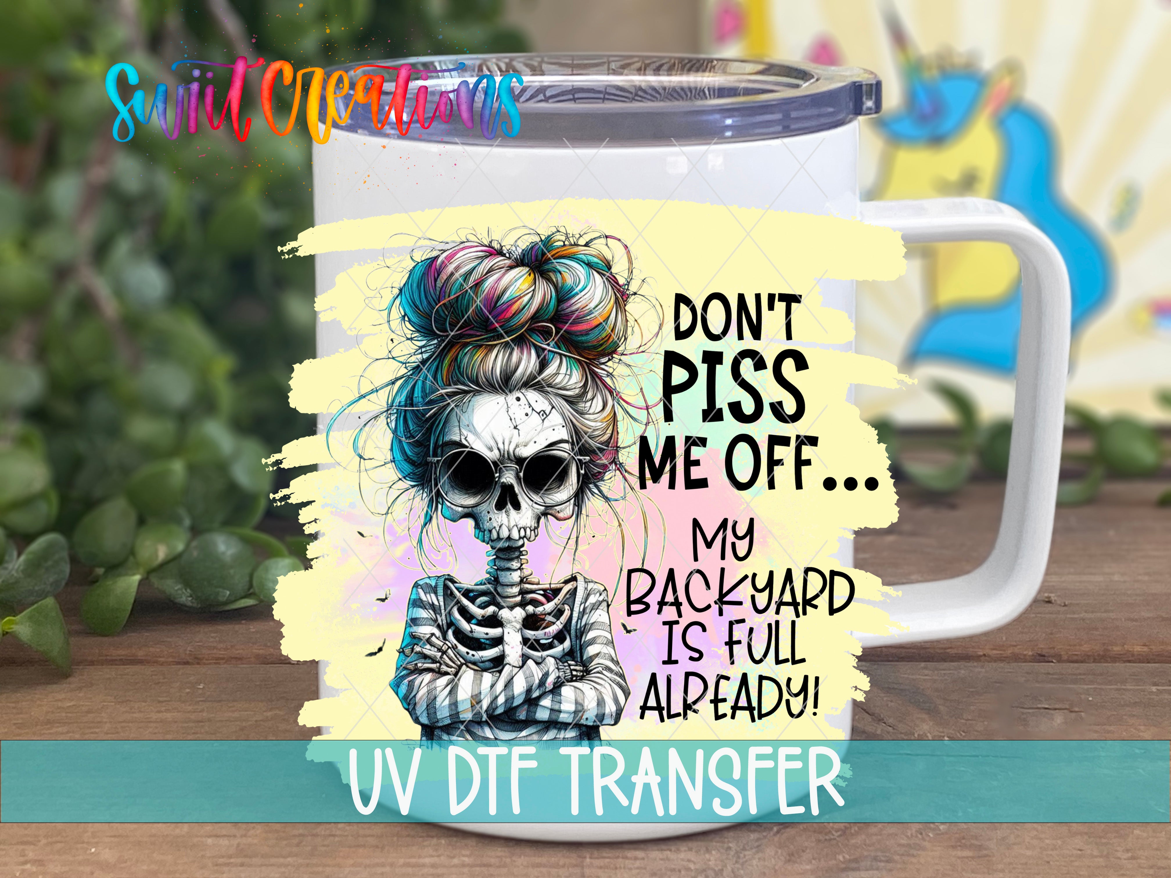 Swiit Creations UV DTF Sassy Skeleton transfer displayed on a white coffee mug