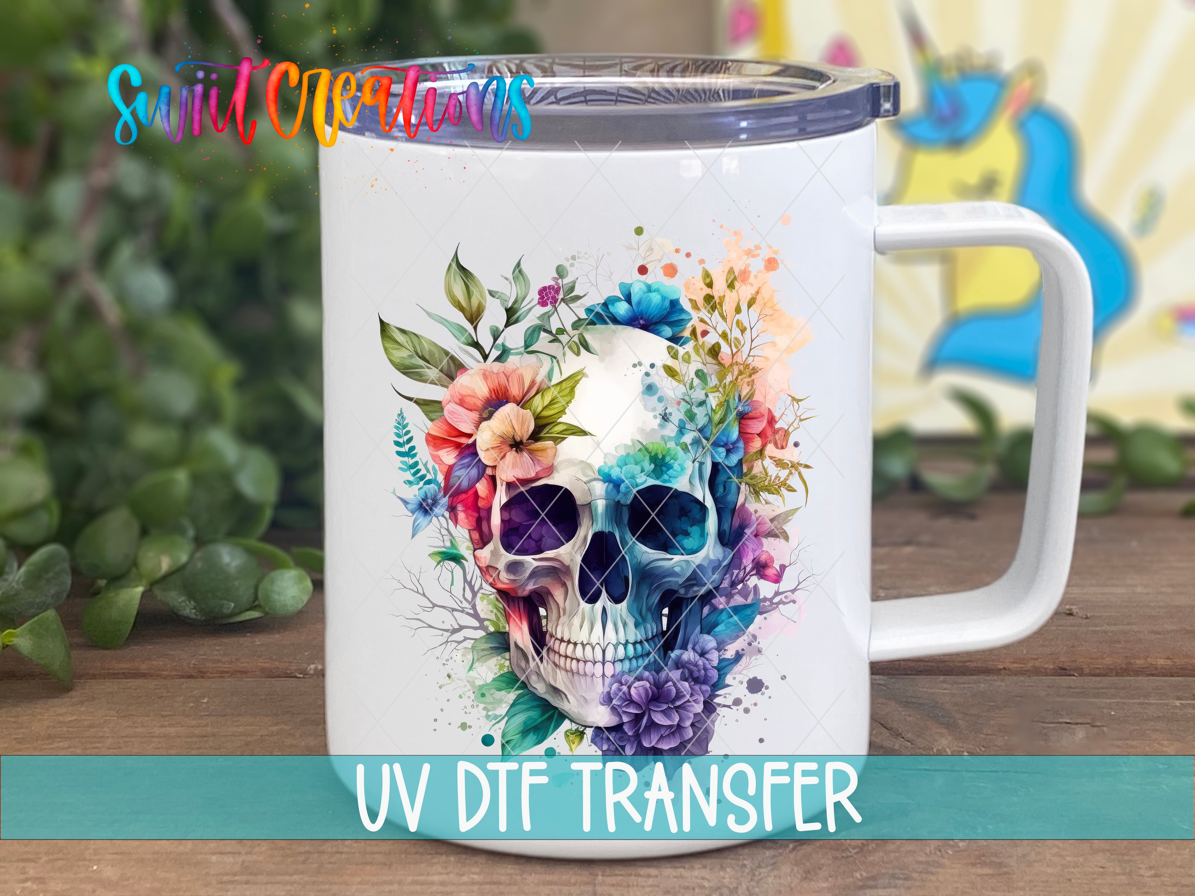 Swiit Creations UV DTF Watercolor Floral Skull transfer displayed on a white coffee mug