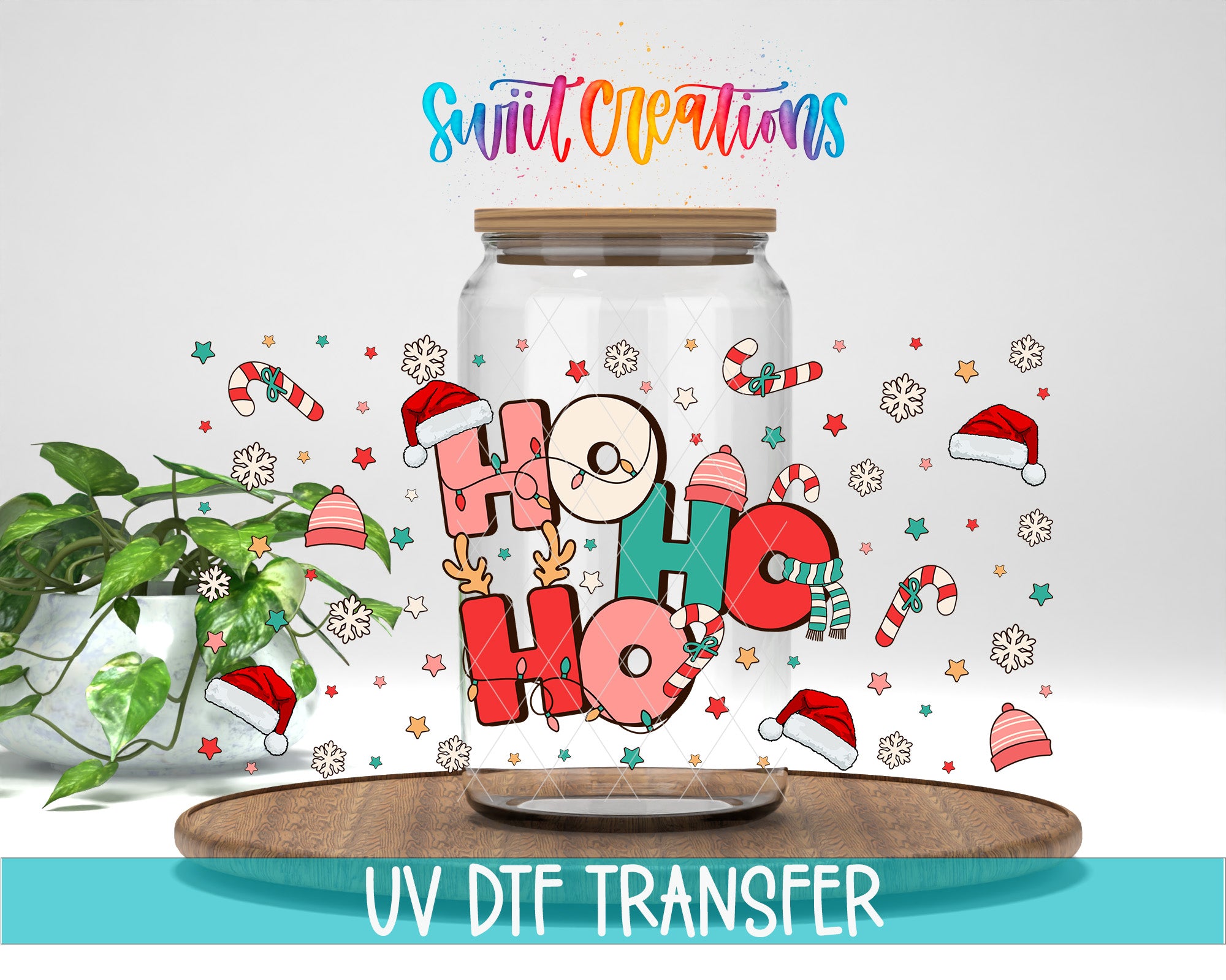 A transparent jar with a wooden lid, filled with colorful Christmas-themed illustrations, including Santa hats, snowflakes, and candy canes. The jar is surrounded by a variety of festive decorations, and the text "Swift Creations" is displayed above it.