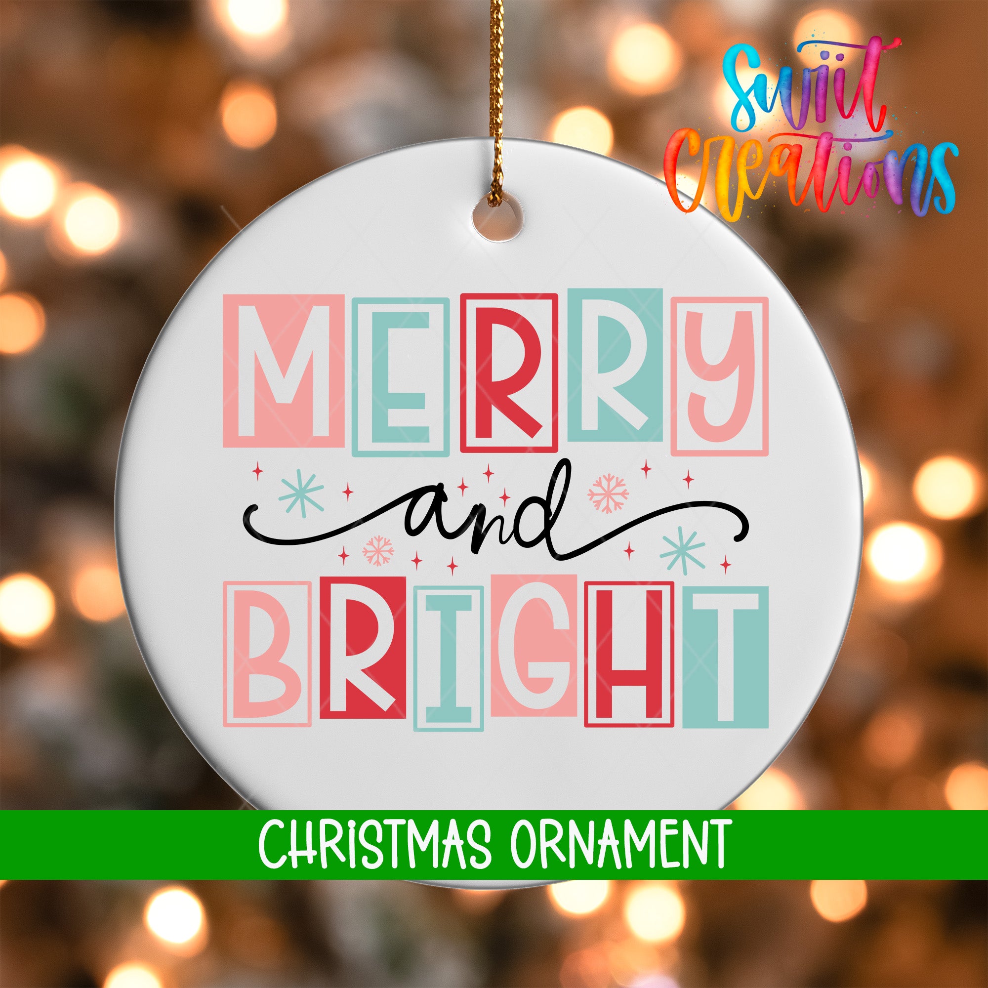 A white Christmas ornament with the text "MERRY AND BRIGHT" in a colorful, stylized font.