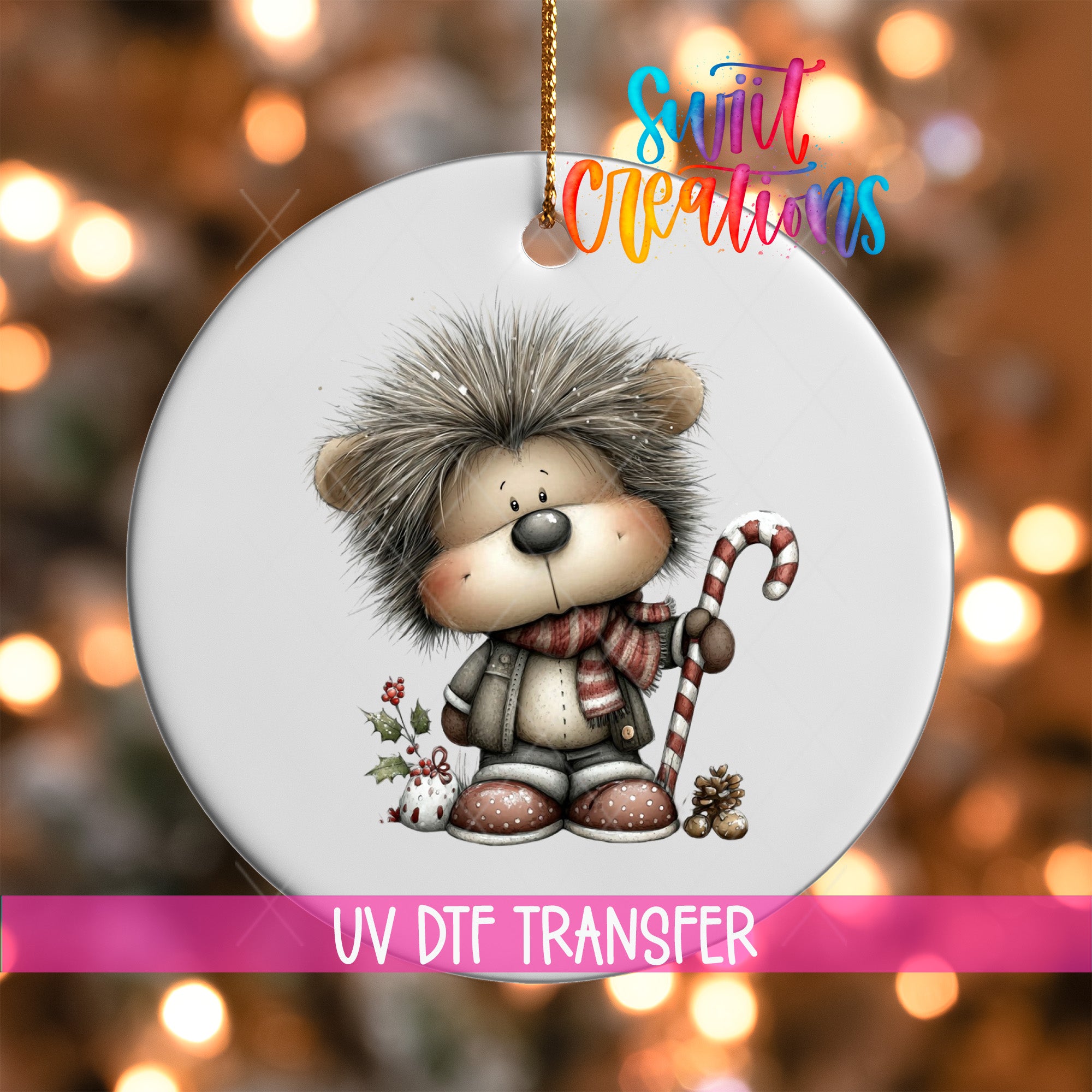 A ceramic ornament featuring a cartoon hedgehog character with a candy cane and other holiday decorations.