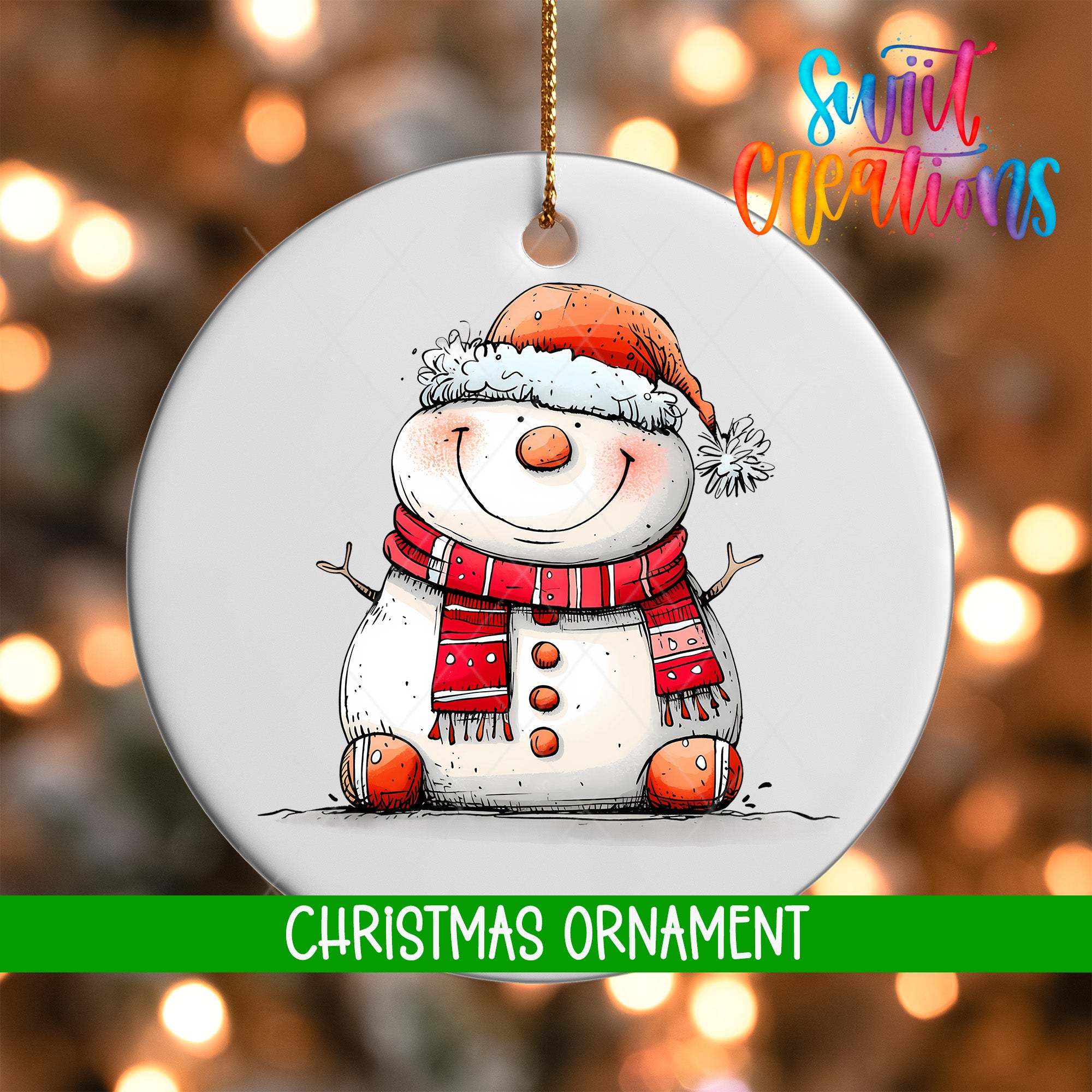 A white Christmas ornament featuring a smiling snowman wearing a red scarf and hat.