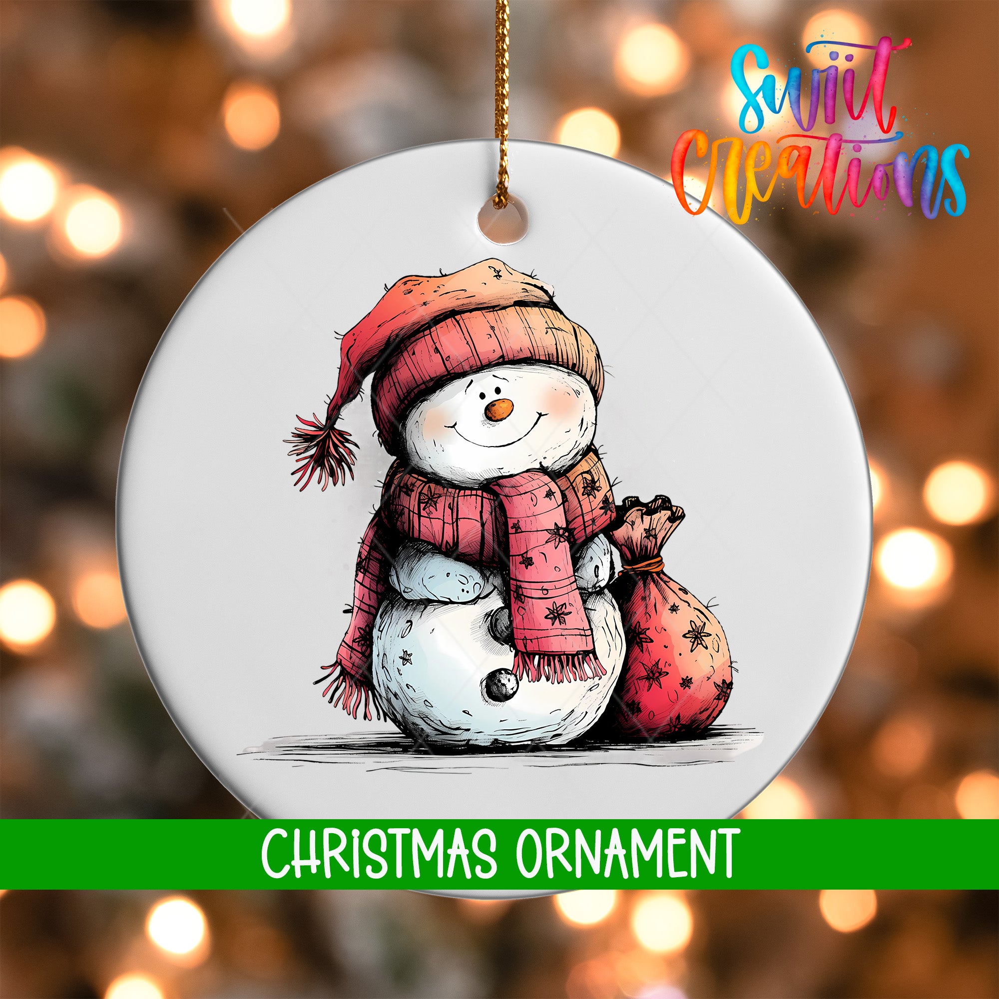 A snowman ornament with a red scarf and a bag, set against a blurred background with Christmas lights.