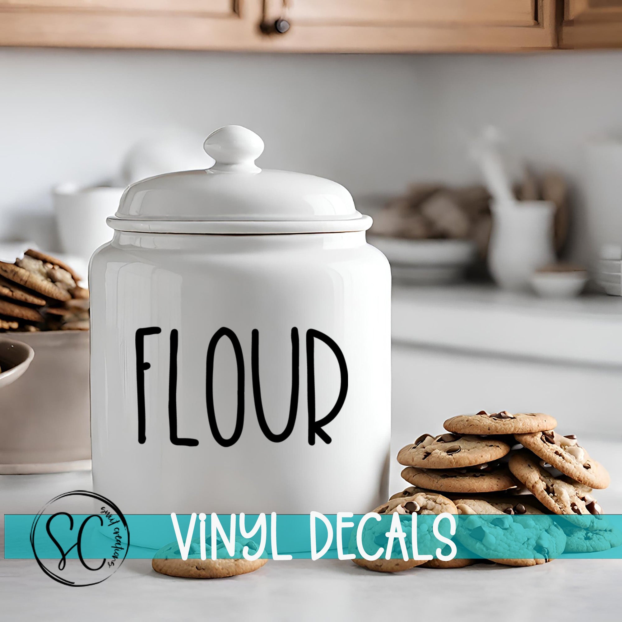 a cookie jar sitting on a kitchen counter next to a pile of cookies