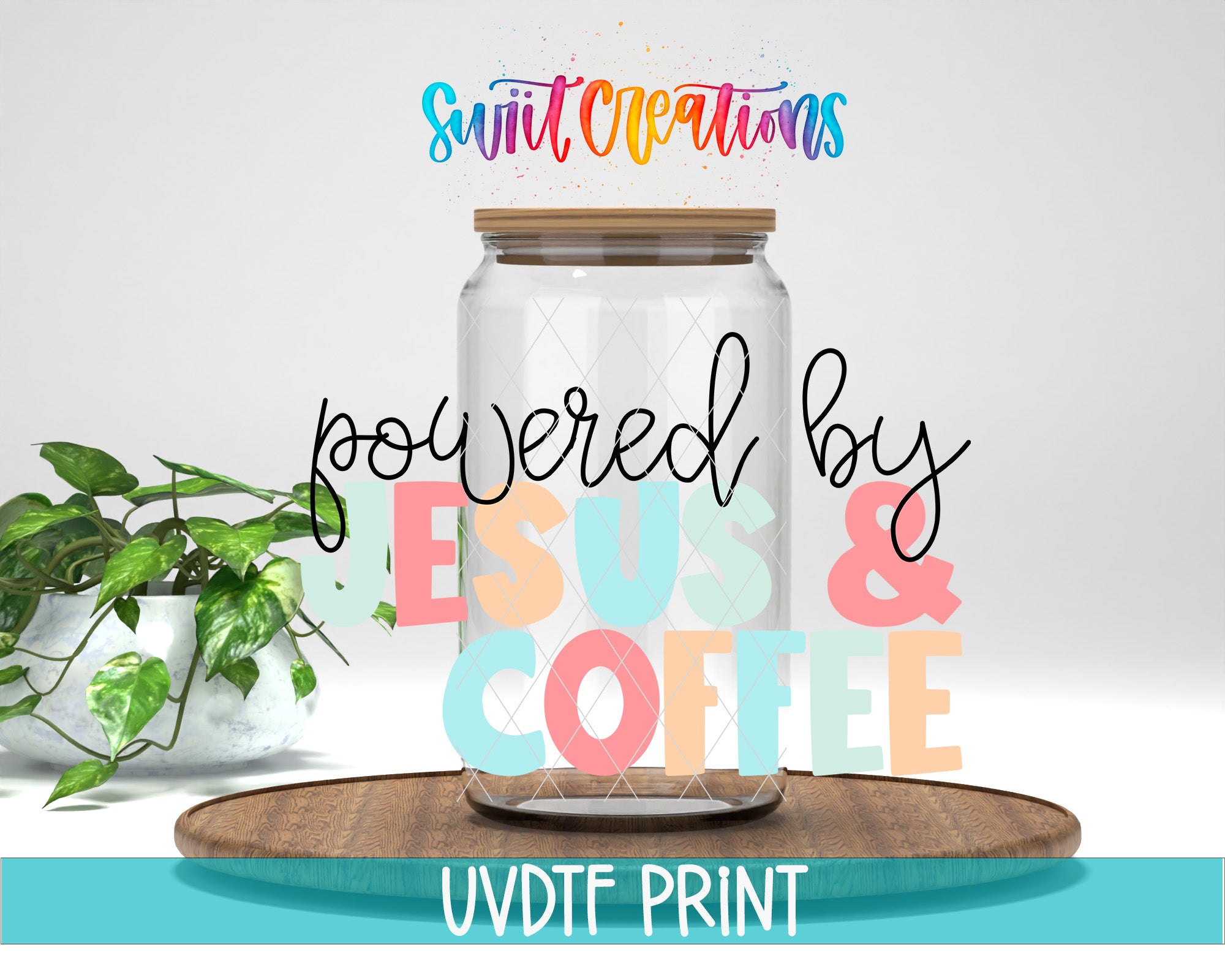 a glass jar filled with colorful letters sitting on top of a wooden table