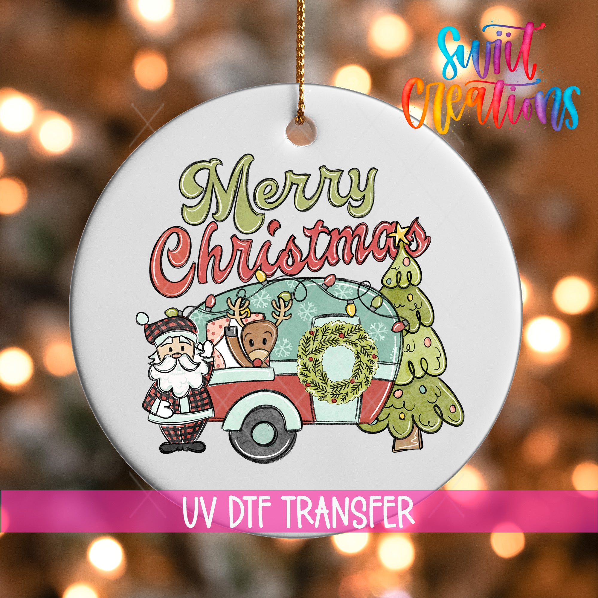 A white ornament with a Christmas-themed design, featuring Santa Claus, a reindeer, a camper van, and a Christmas tree.