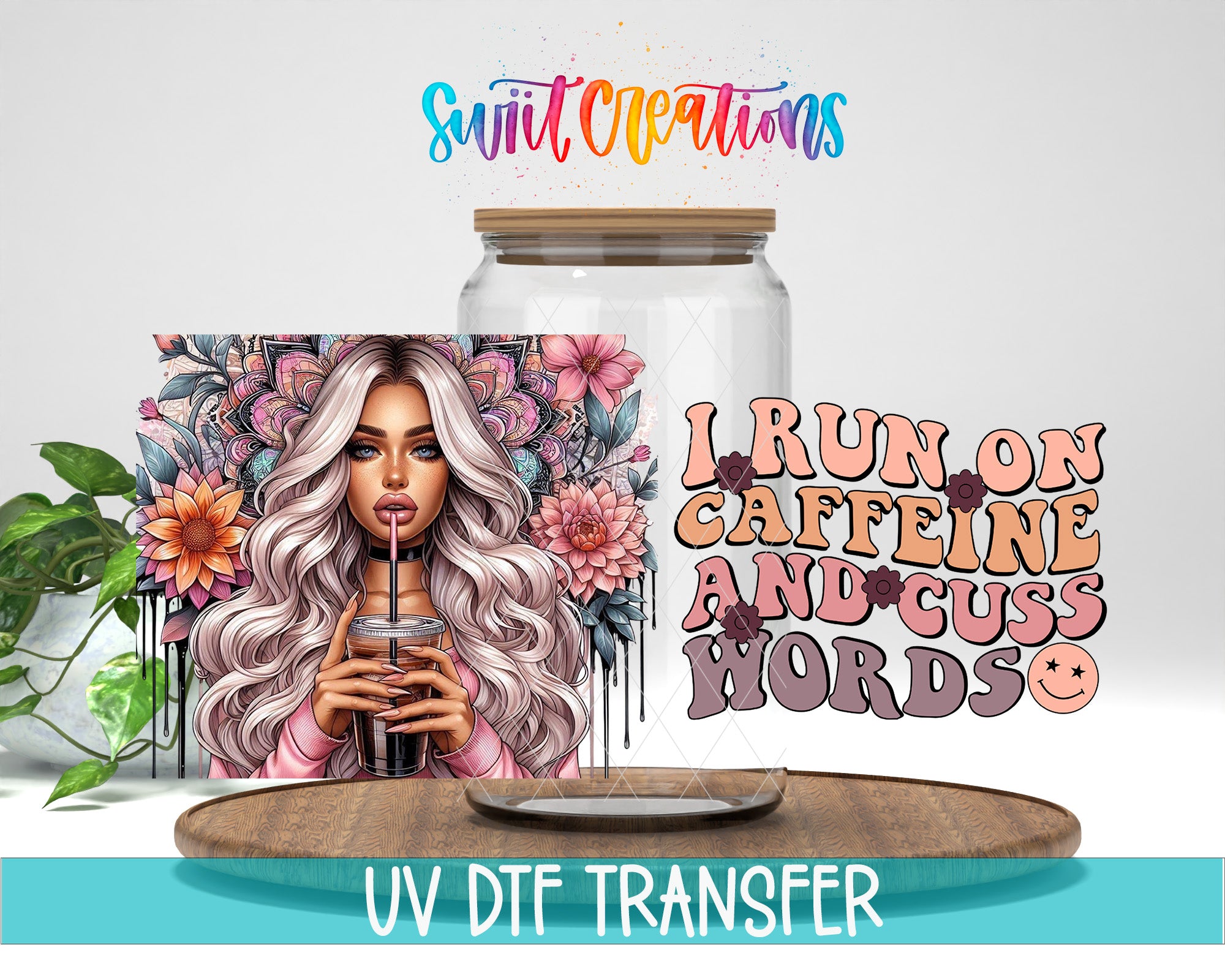 The image is a collage featuring a woman with long, wavy hair holding a drink, surrounded by colorful flowers and text.