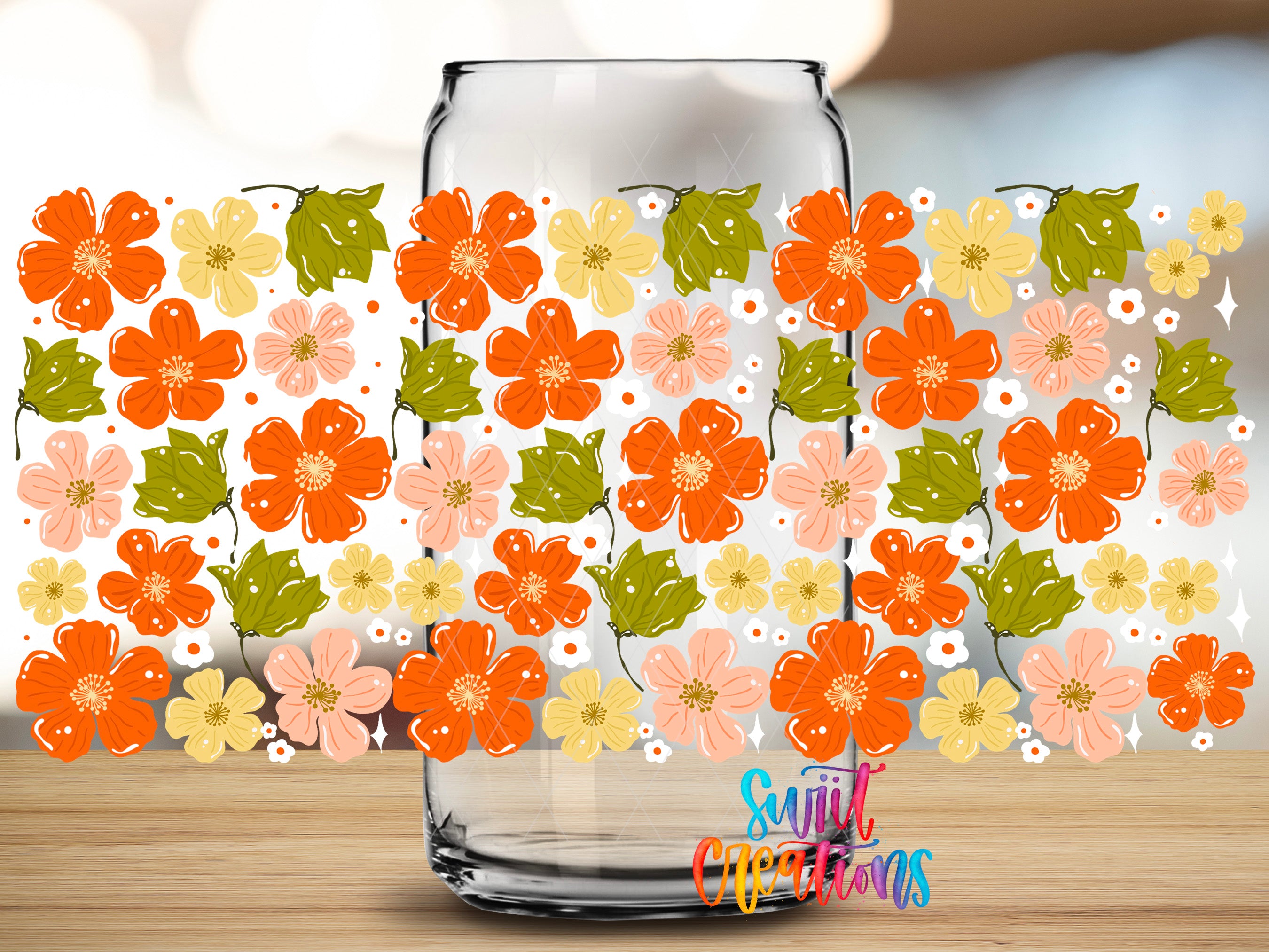 a clear glass jar filled with colorful flowers, including orange, yellow, and pink flowers, arranged in a visually appealing pattern.