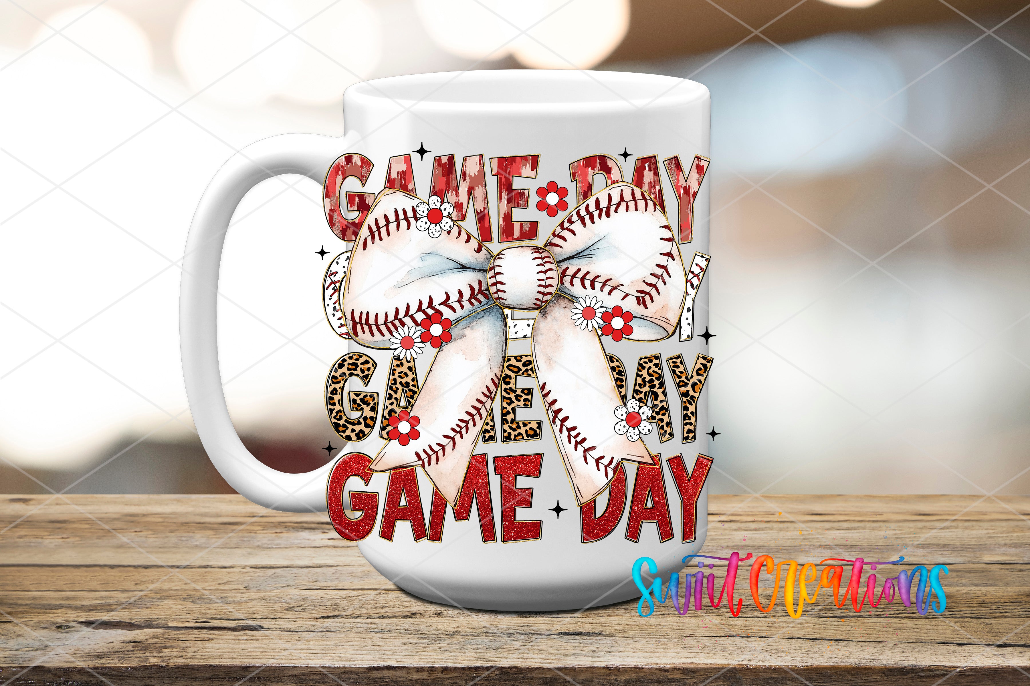 A white mug with a baseball-themed design, featuring the text "GAME DAY" and a large bow made of baseballs and flowers.