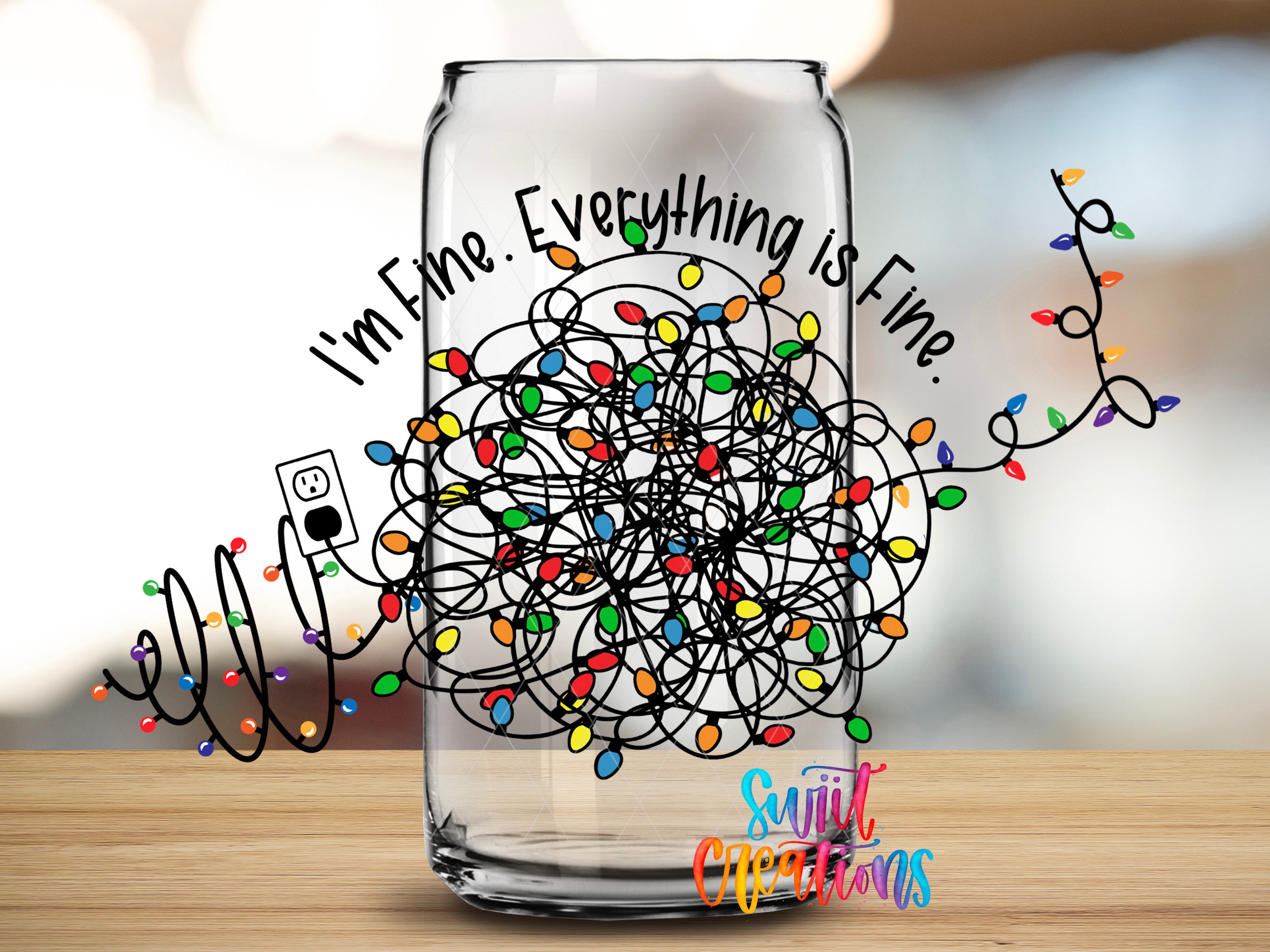 a glass jar with a colorful, tangled arrangement of lights inside, accompanied by the text "I'm Fine. Everything is Fine."