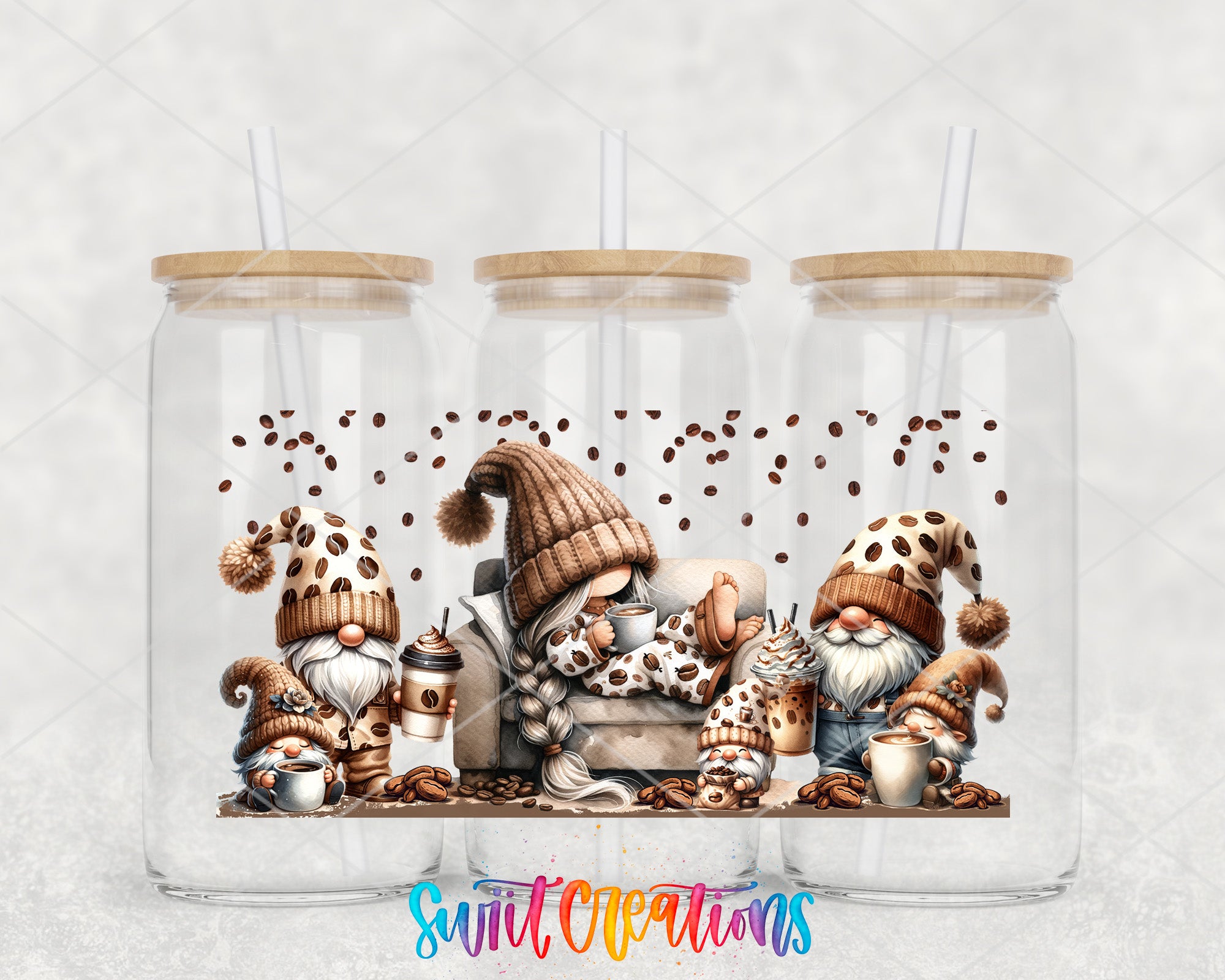 A group of whimsical gnomes enjoying coffee and pastries, with coffee beans scattered around them, creating a cozy and festive atmosphere.