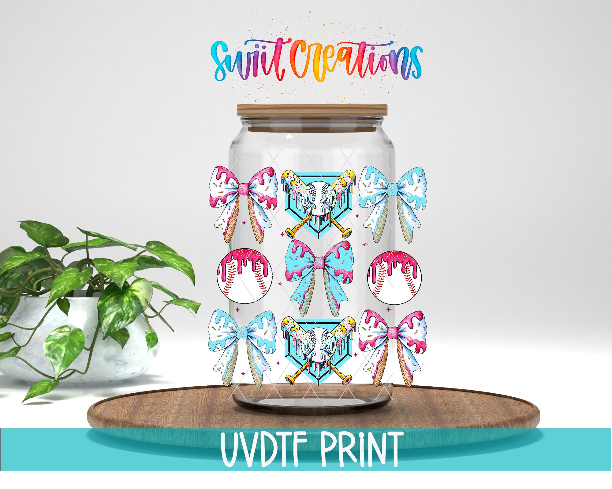 a glass jar with a lid, decorated with colorful illustrations of baseball bats, baseballs, and bows. The jar is placed on a wooden tray, and there is a potted plant in the background.