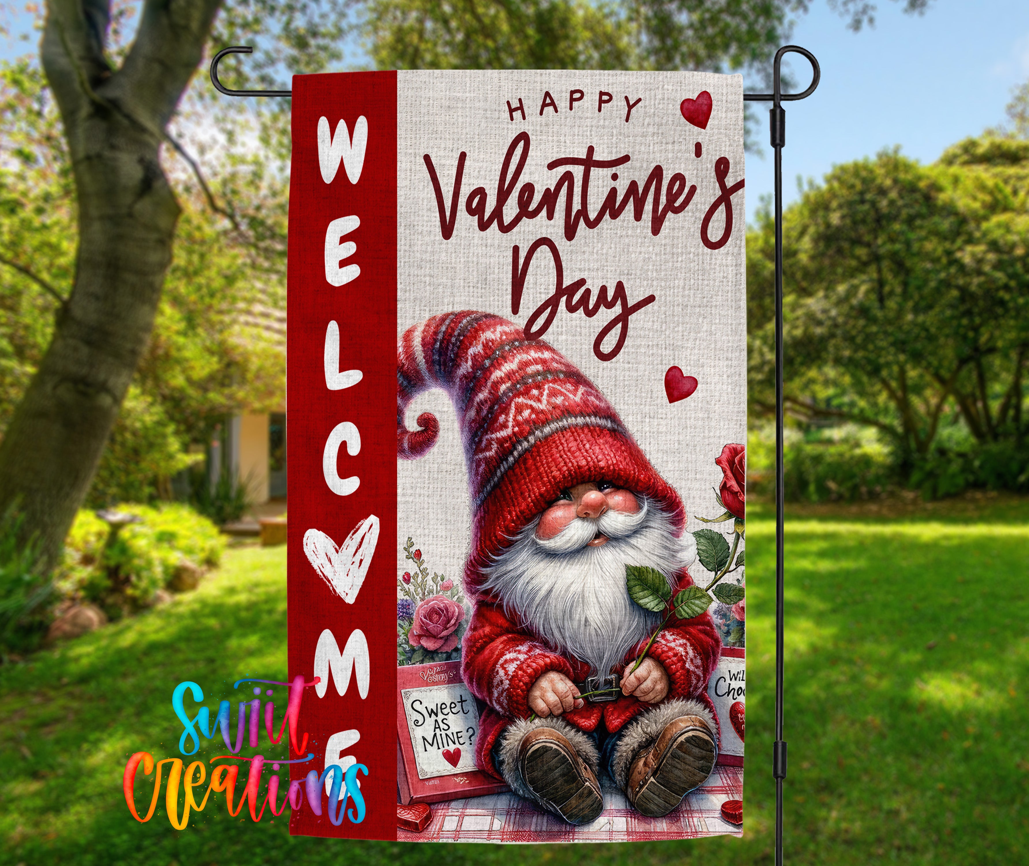 A red and white welcome sign with a gnome wearing a red sweater and hat, holding a rose, and surrounded by flowers, with the text "Happy Valentine's Day" and "Welcome" displayed.