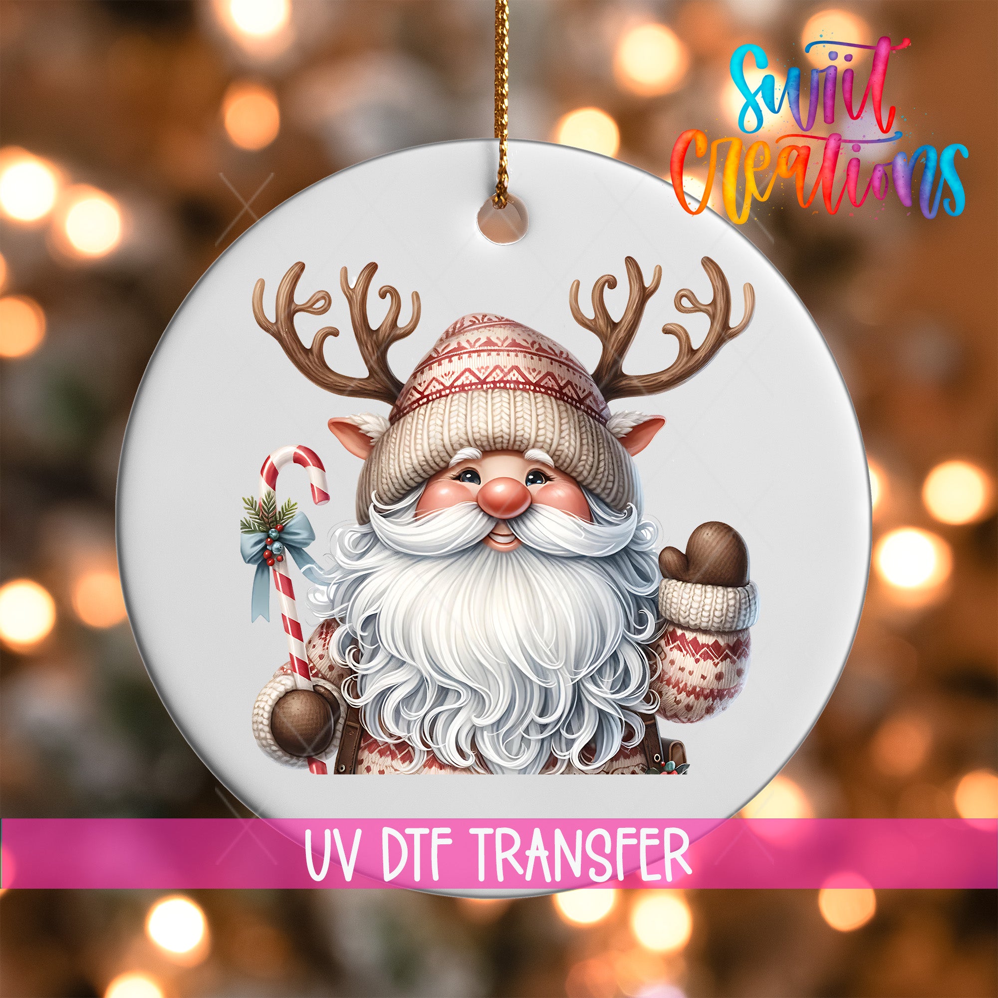 A white ornament featuring a smiling Santa Claus with antlers and a beard, holding a candy cane and a gift, against a blurred background of Christmas lights.