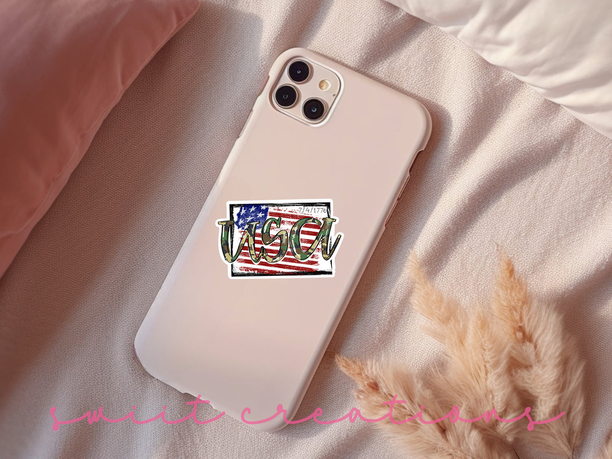 USA Camo sticker on a pink phone case