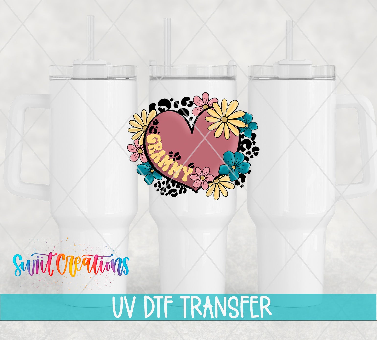 Swiit Creations UV DTF Floral Heart Grammy transfer shown on a white tumbler set