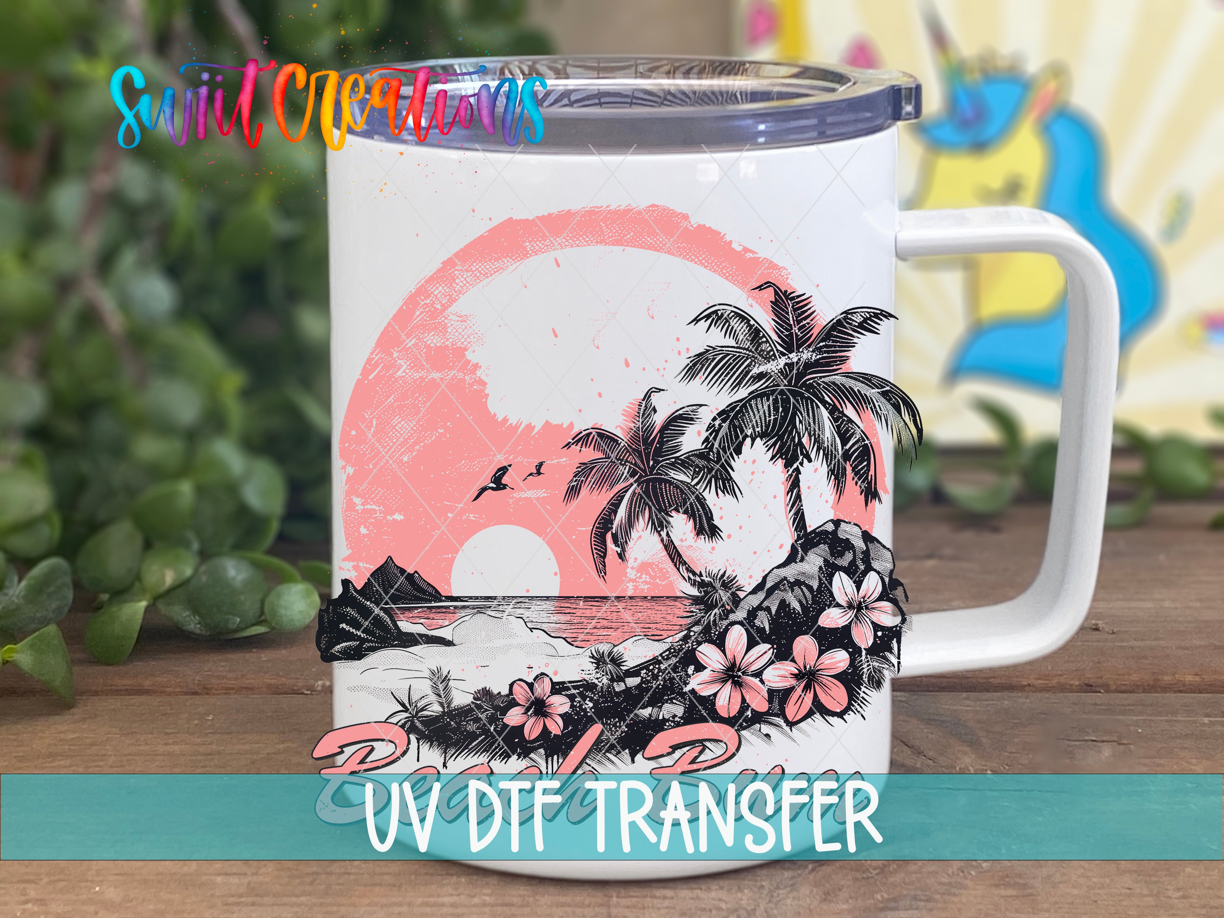 Swiit Creations UV DTF Beach Bum Tropical Sunset transfer displayed on a white coffee mug