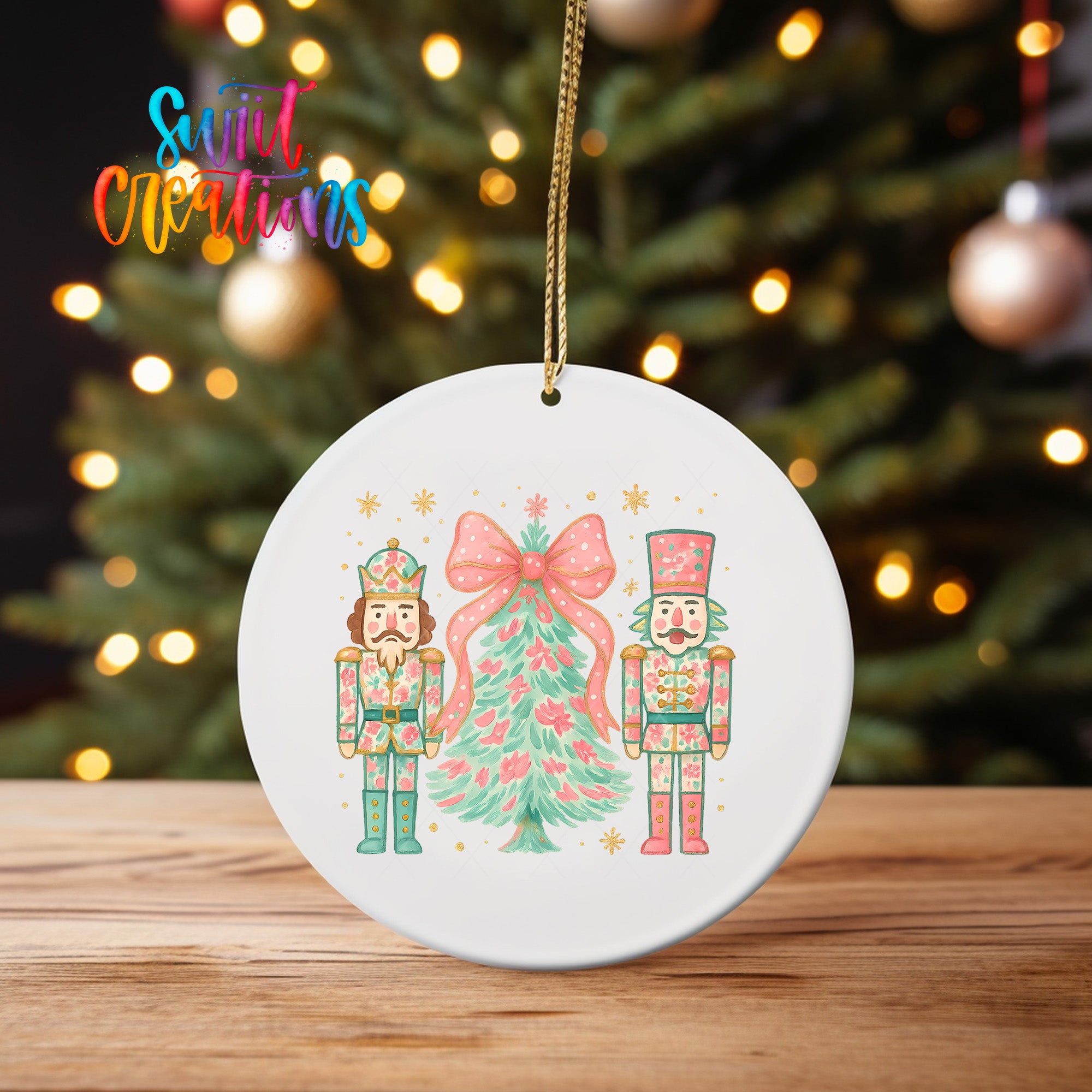 A white ornament with a Christmas tree and two nutcracker men in the center, surrounded by snowflakes and stars.
