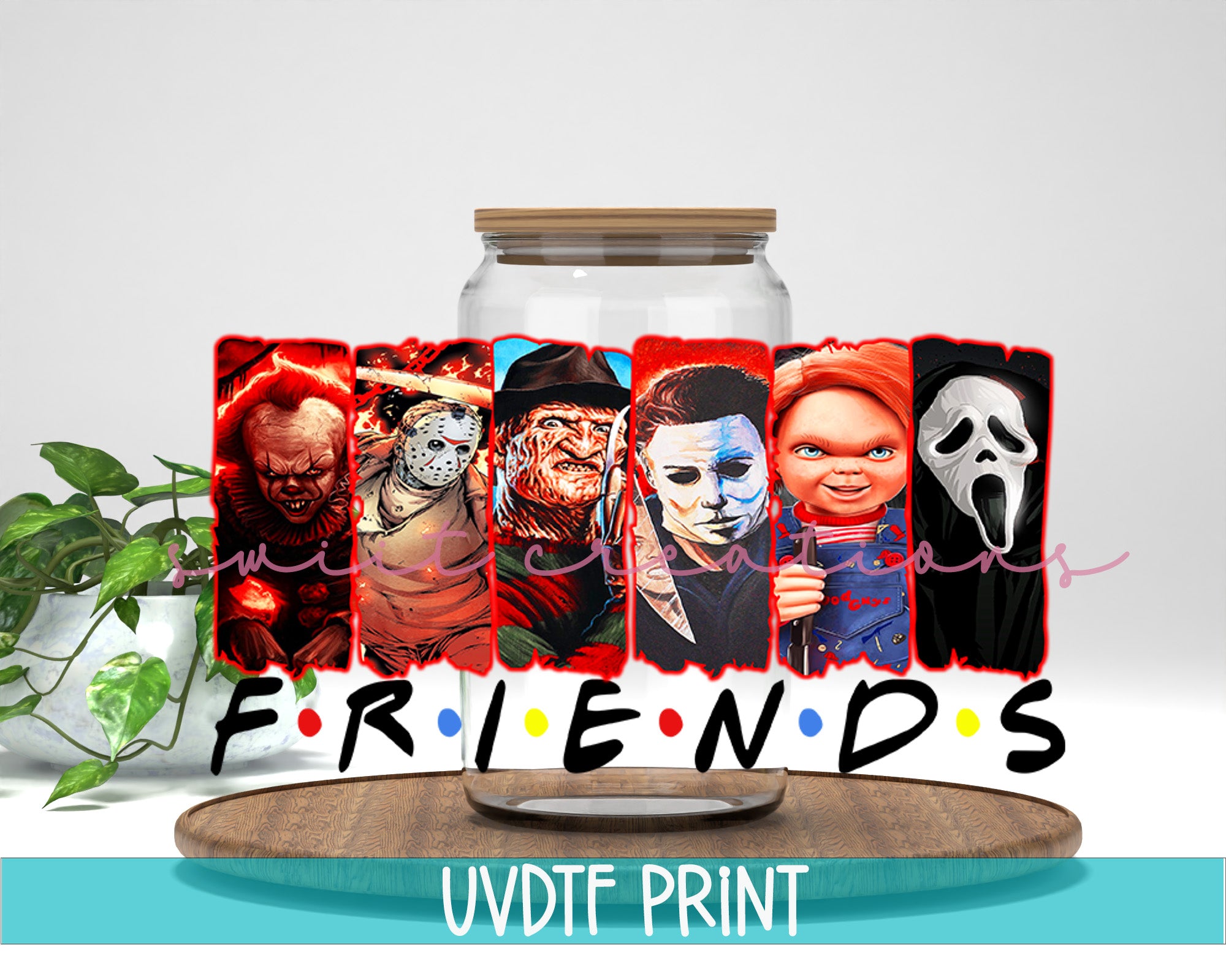a glass jar with a picture of people on it