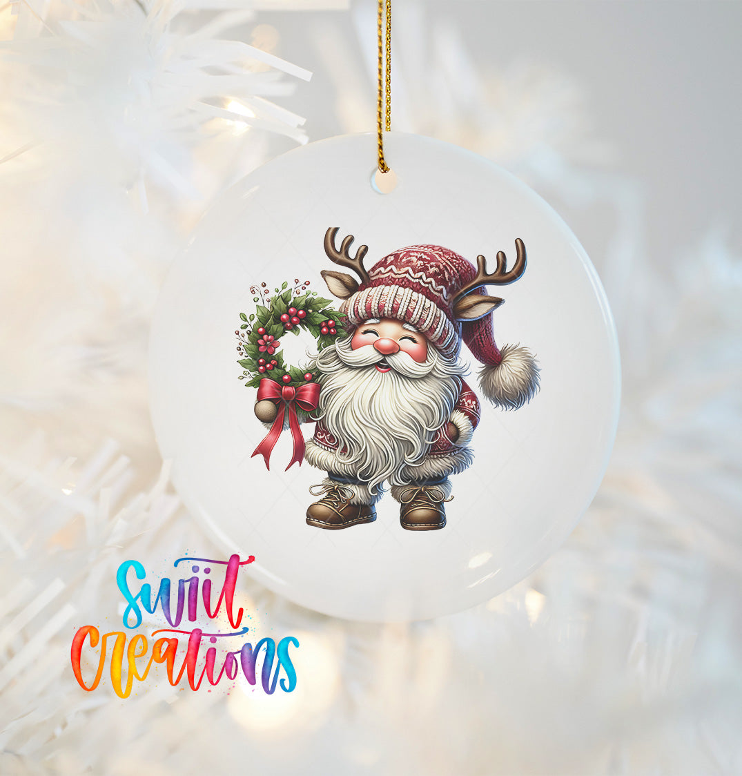 A white ornament featuring a smiling gnome wearing a Santa hat and holding a wreath, with the text "Swift Creations" below the image.