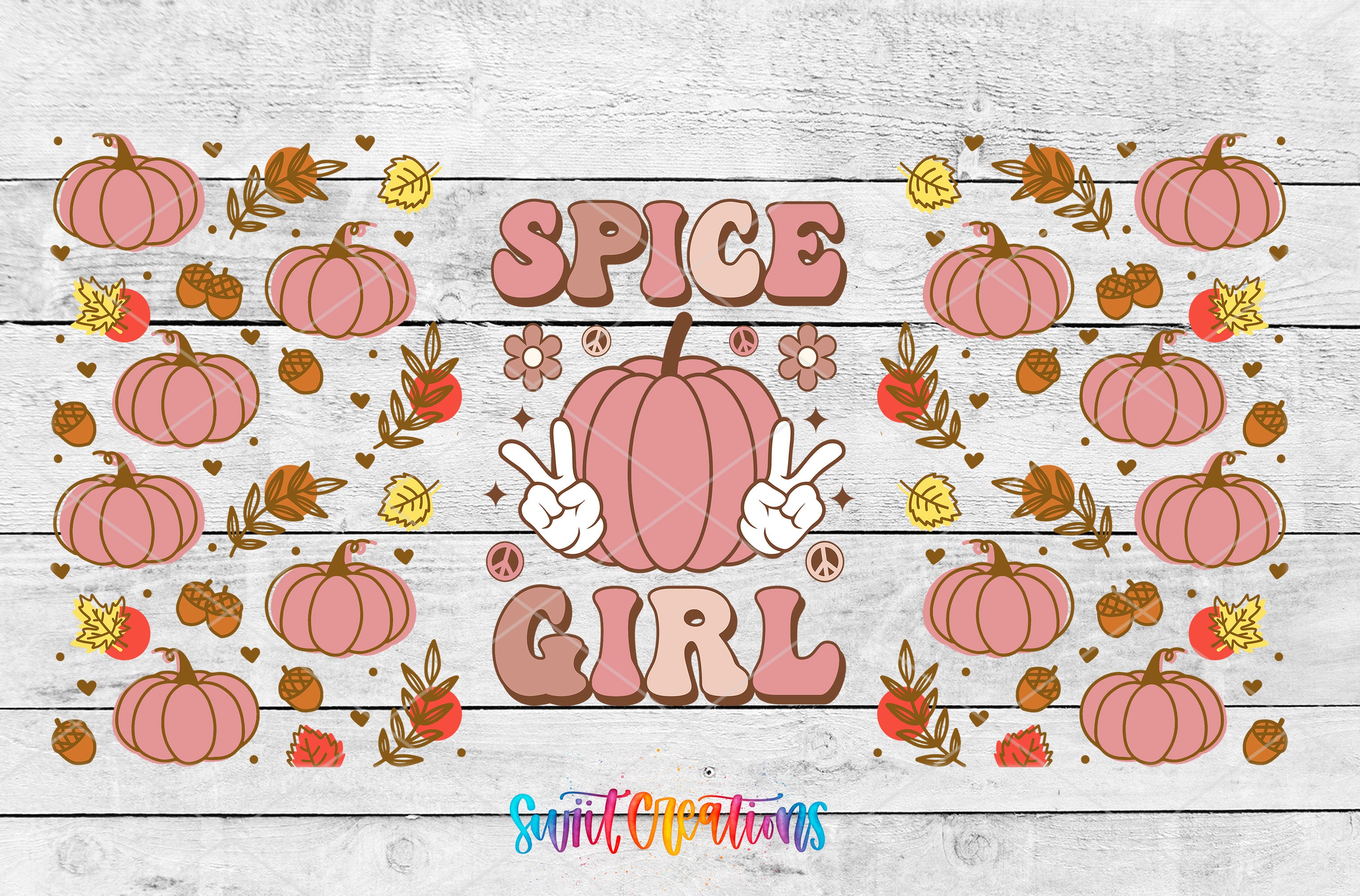 The image is a colorful and whimsical collage featuring a central image of a large pink pumpkin with the text "SPICE GIRL" written on it, surrounded by various autumn-themed elements such as leaves, acorns, and pumpkins.