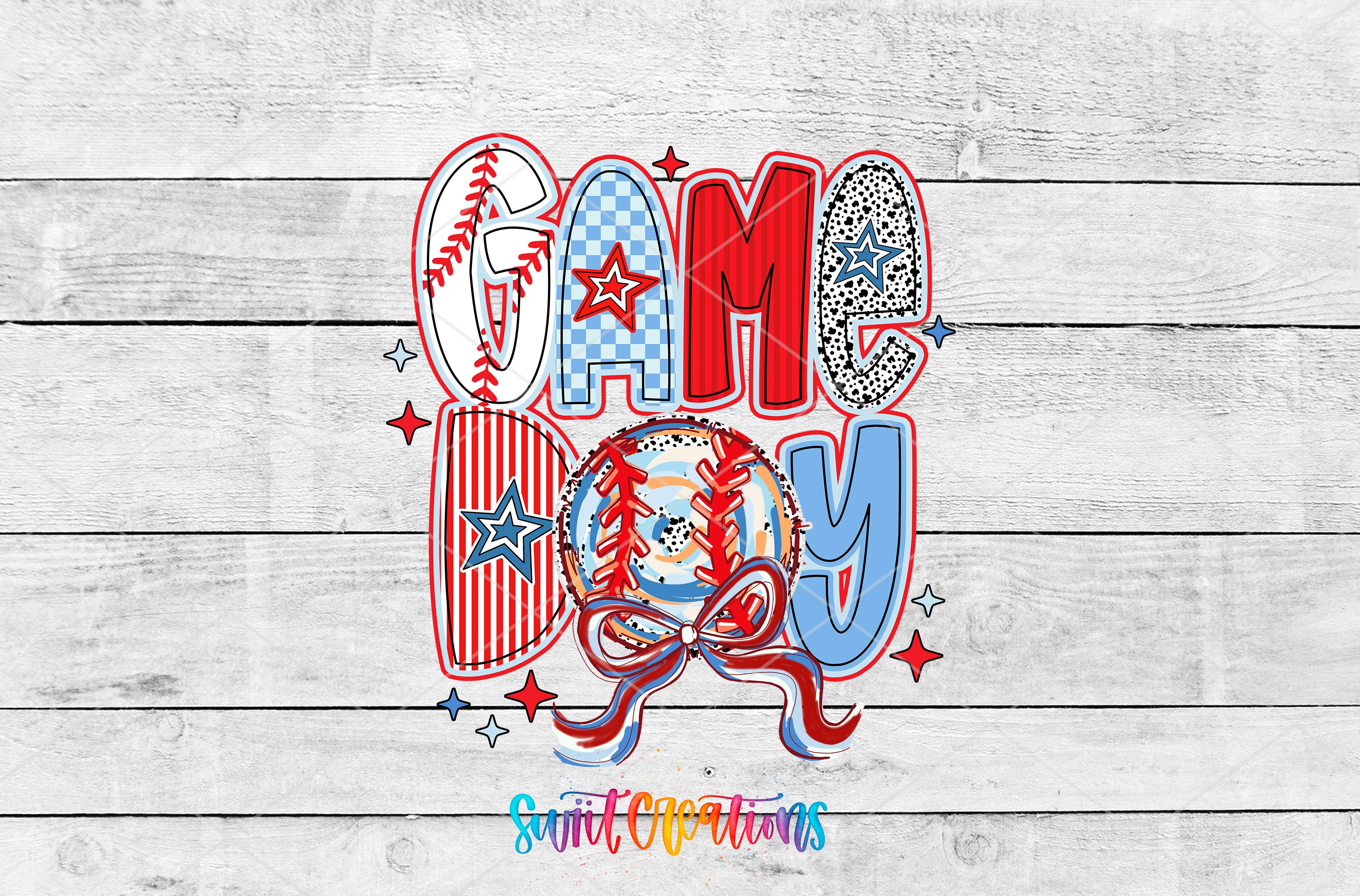 a colorful and playful design with the words "GAME DAY" prominently displayed. The design includes various elements such as baseballs, stars, and a bow, creating a vibrant and energetic visual representation of the phrase.