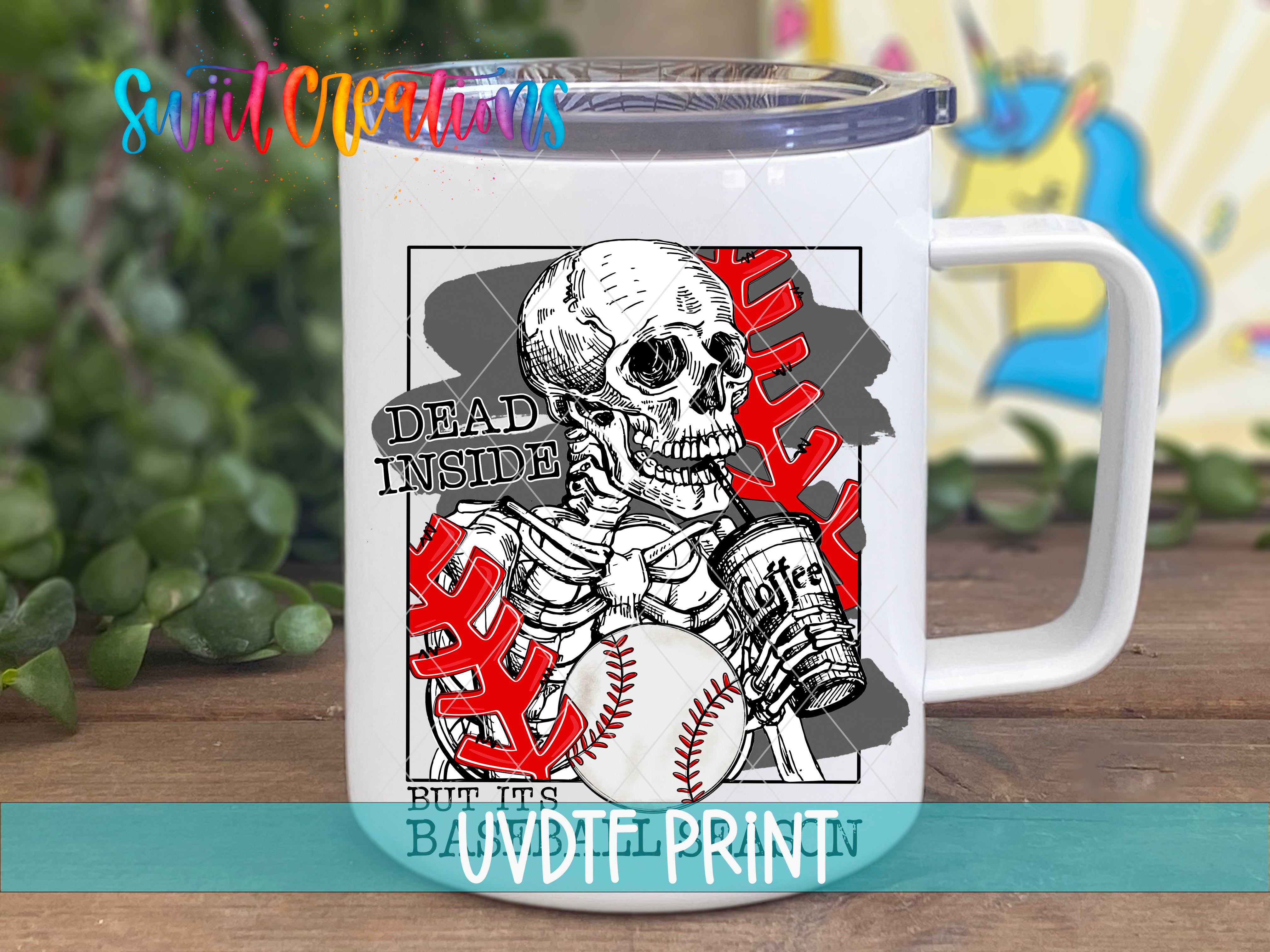 a white coffee mug with a skeleton holding a baseball