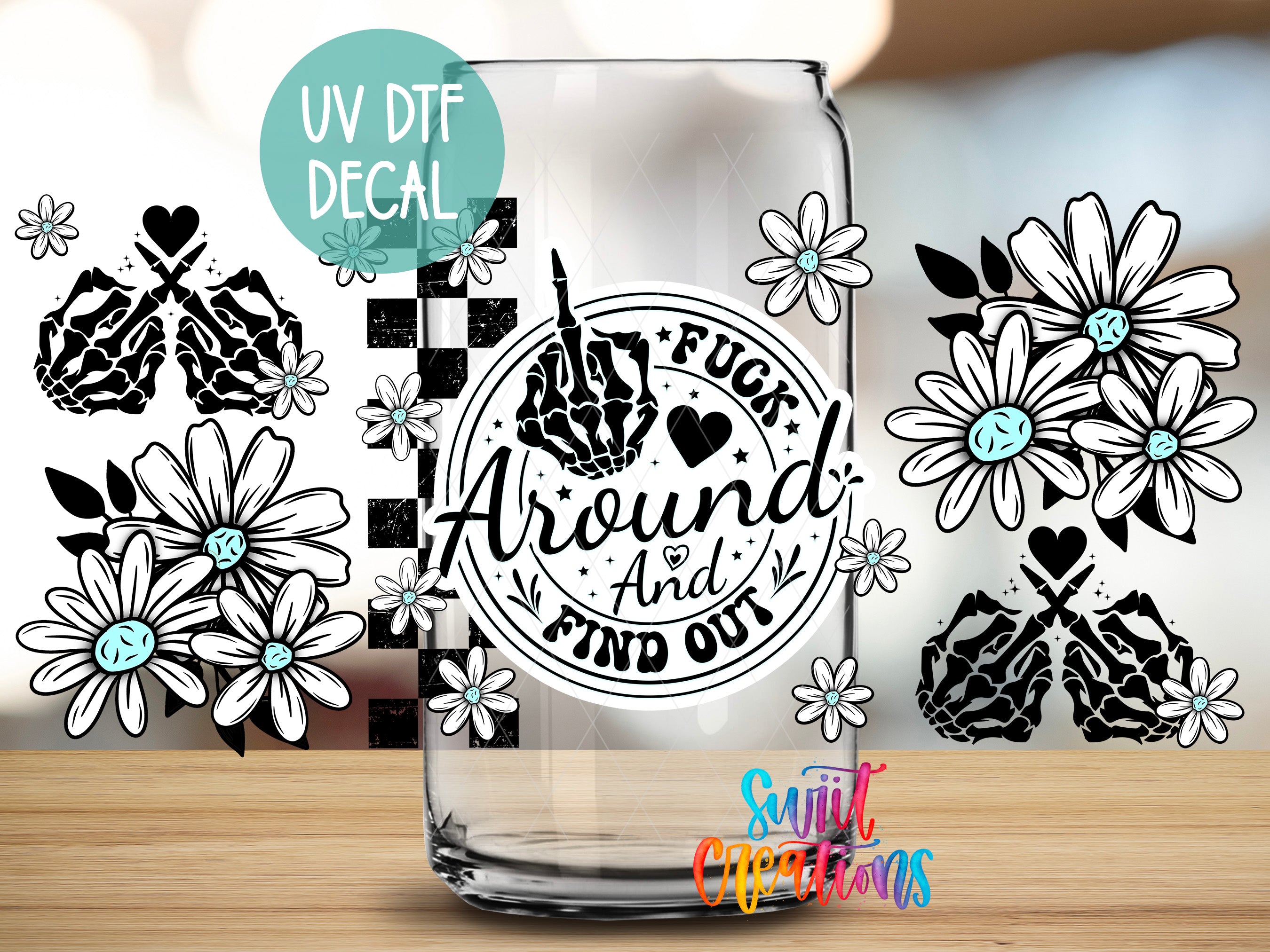 a glass with a sticker on it, surrounded by various floral designs and text.