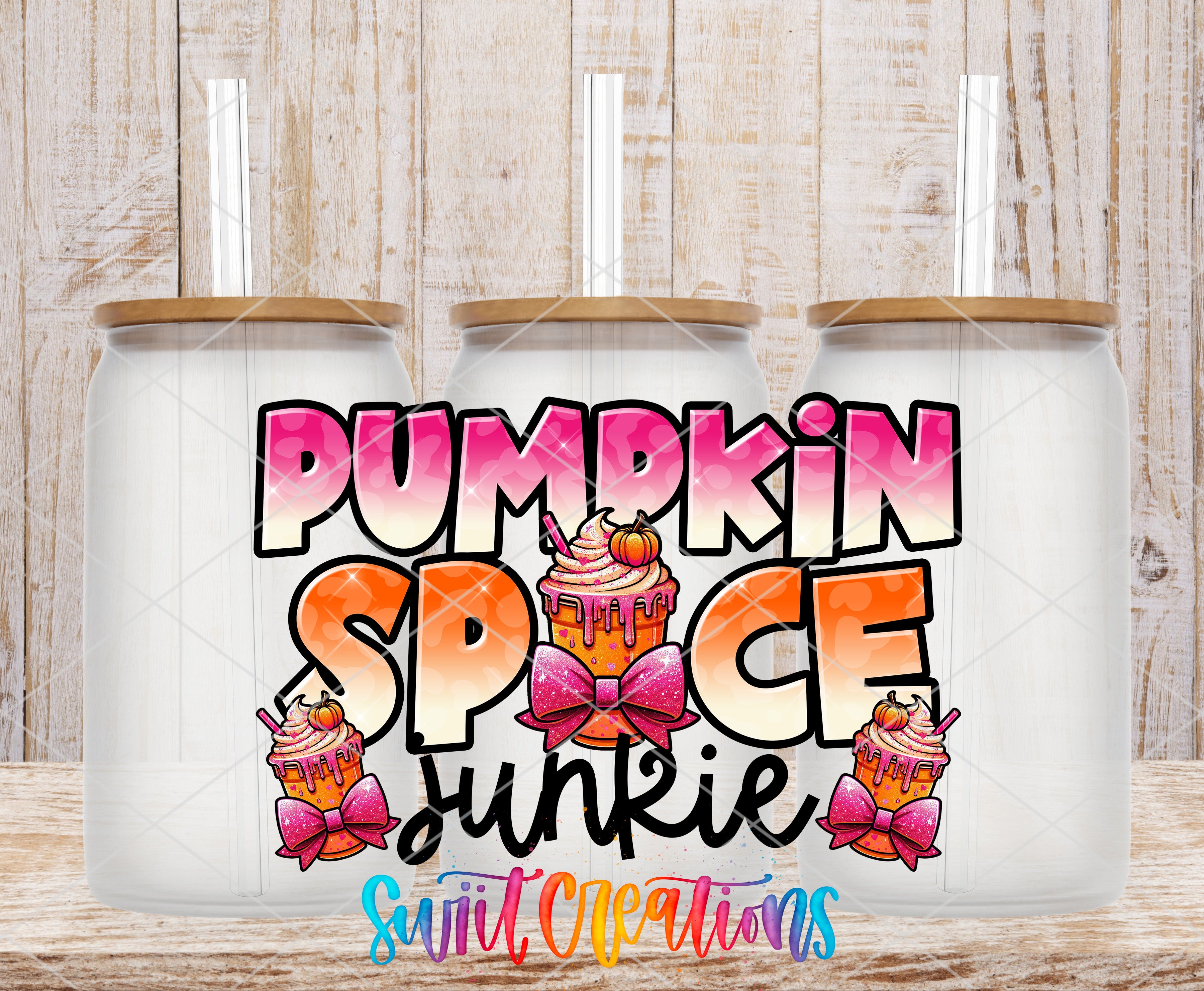 a colorful design with the text "Pumpkin Spice Junkie" and illustrations of cupcakes and other desserts.