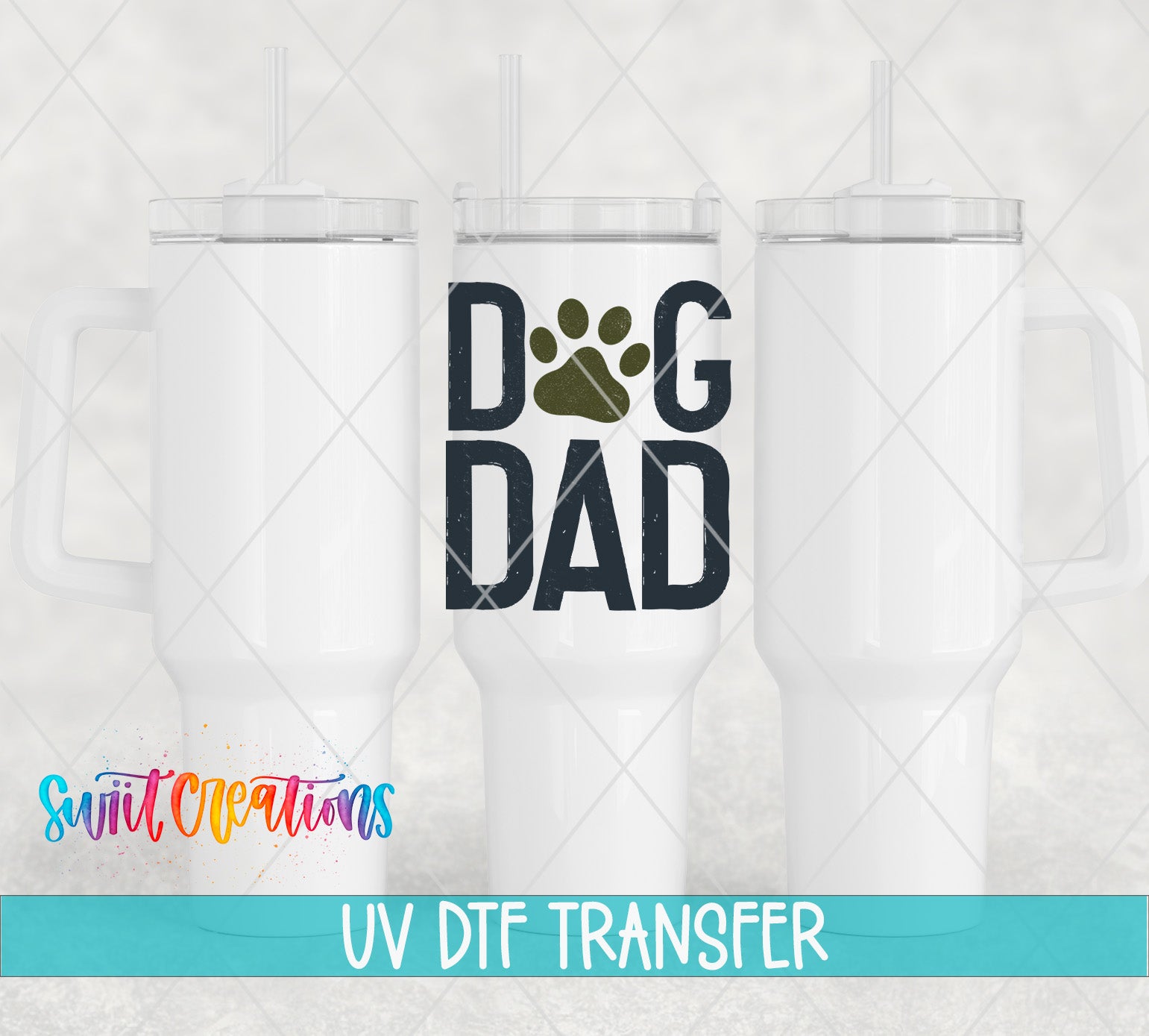Three white tumblers featuring the Dog Dad Paw Print UV DTF transfer by Swiit Creations