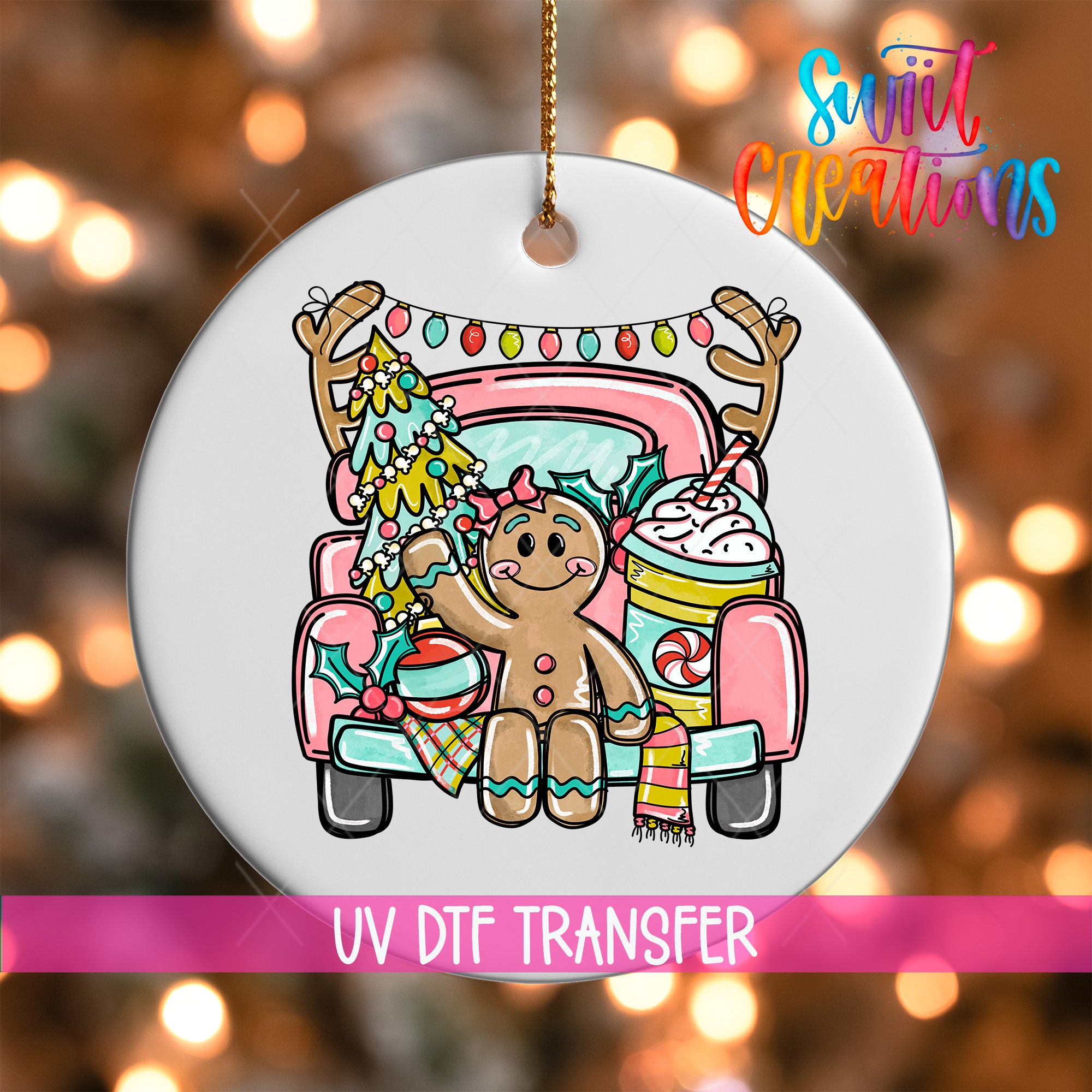 A white ornament with a gingerbread man and Christmas decorations hanging from a string.