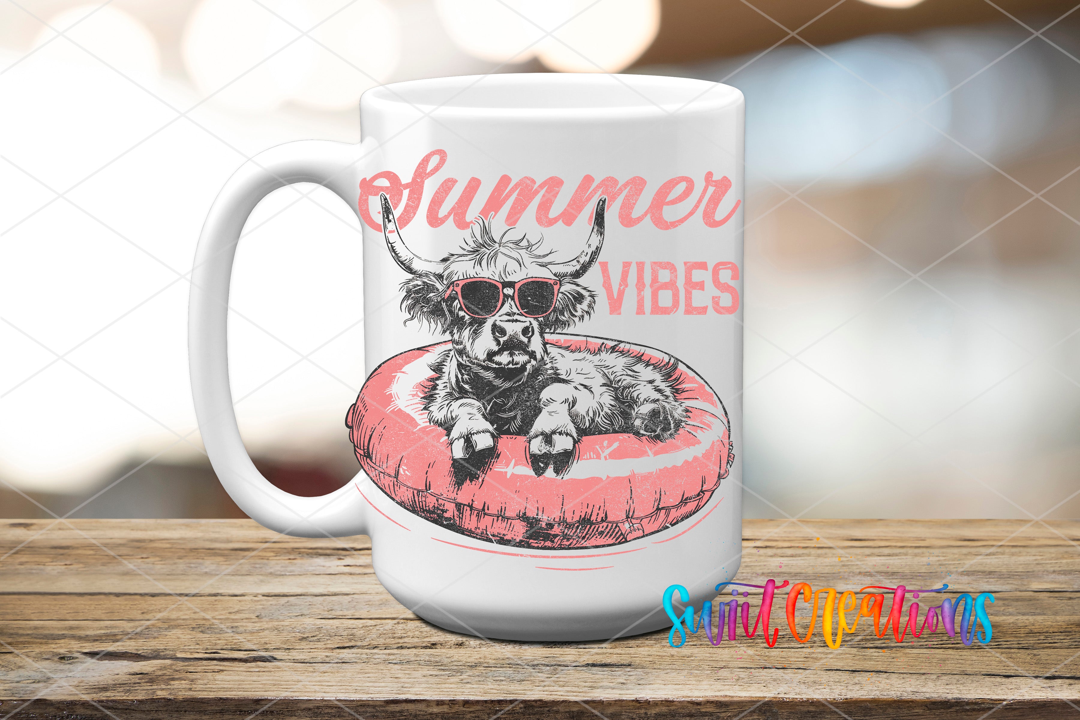 Swiit Creations UV DTF Summer Vibes Highland Cow transfer applied to a white ceramic mug