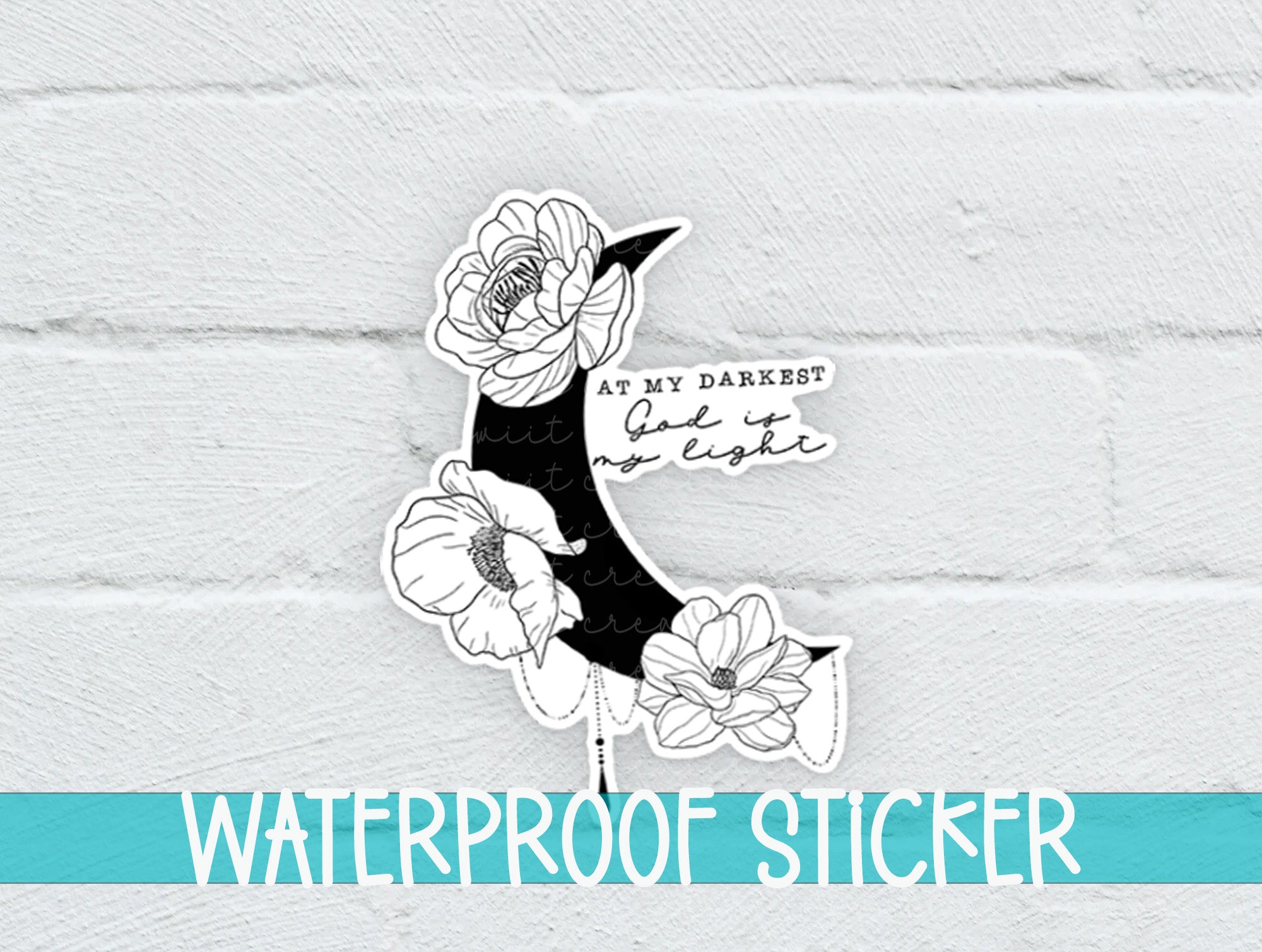 a waterproof sticker on a white brick wall