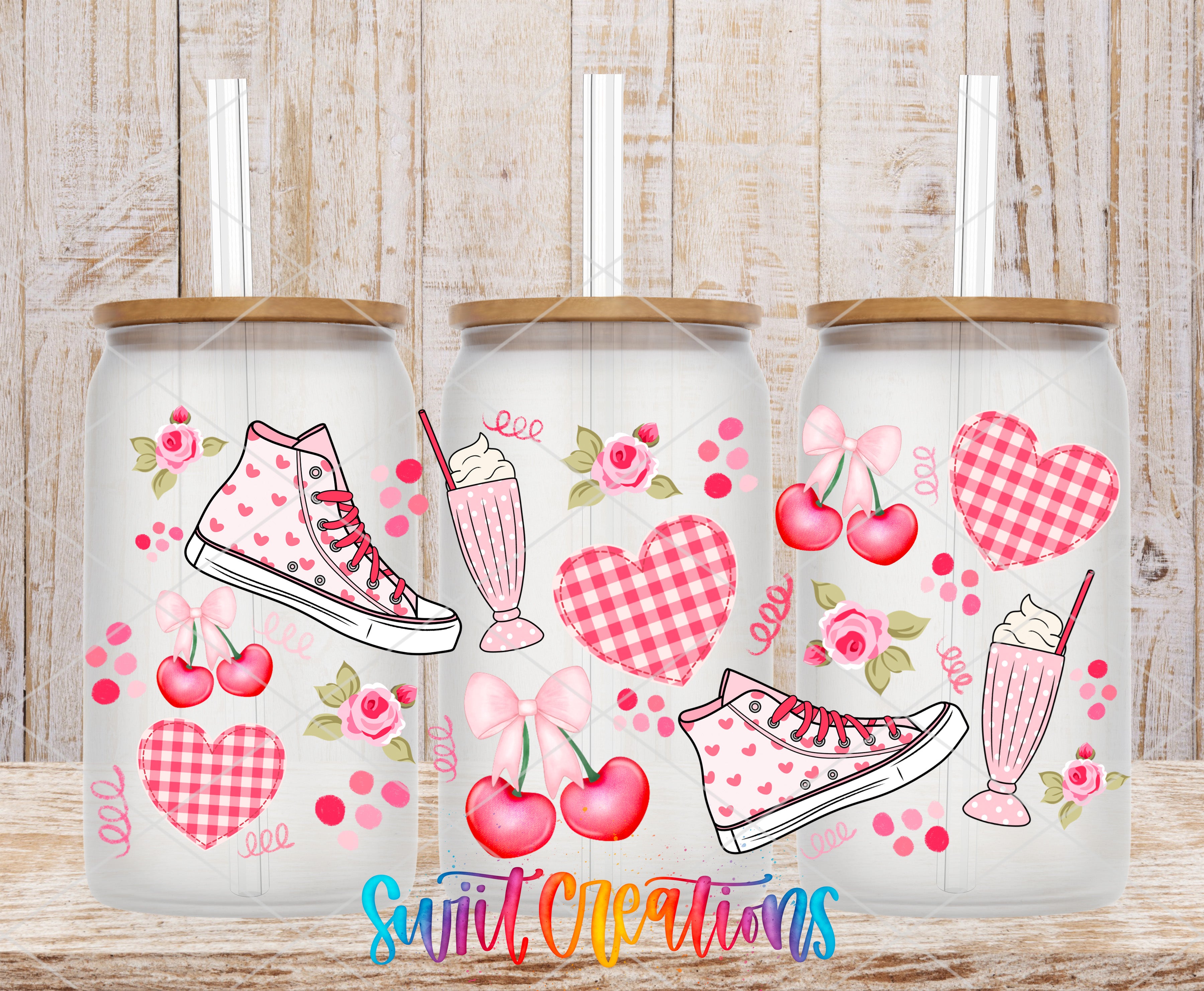 a couple of cups sitting on top of a wooden table