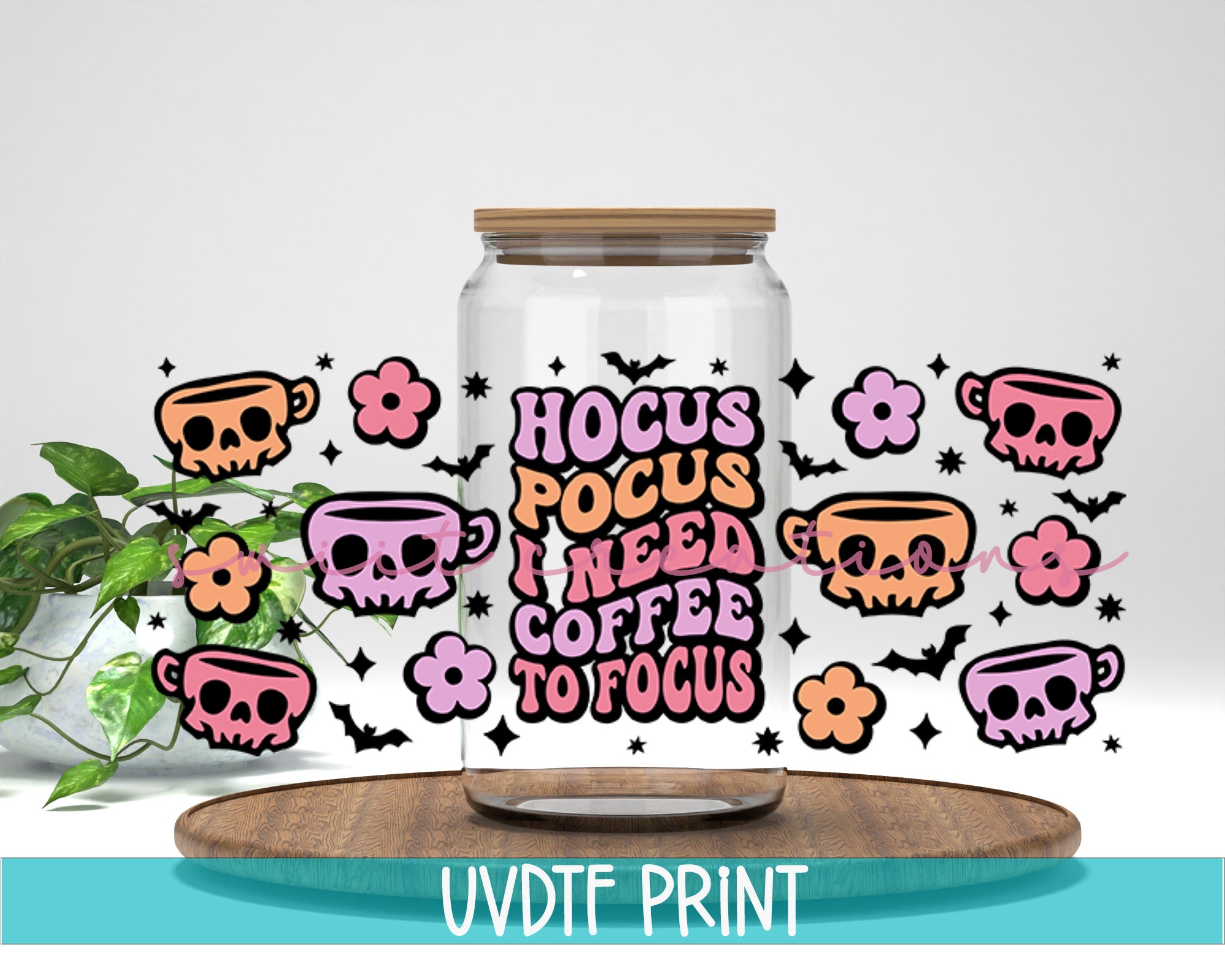 a glass jar with a sticker of skulls on it