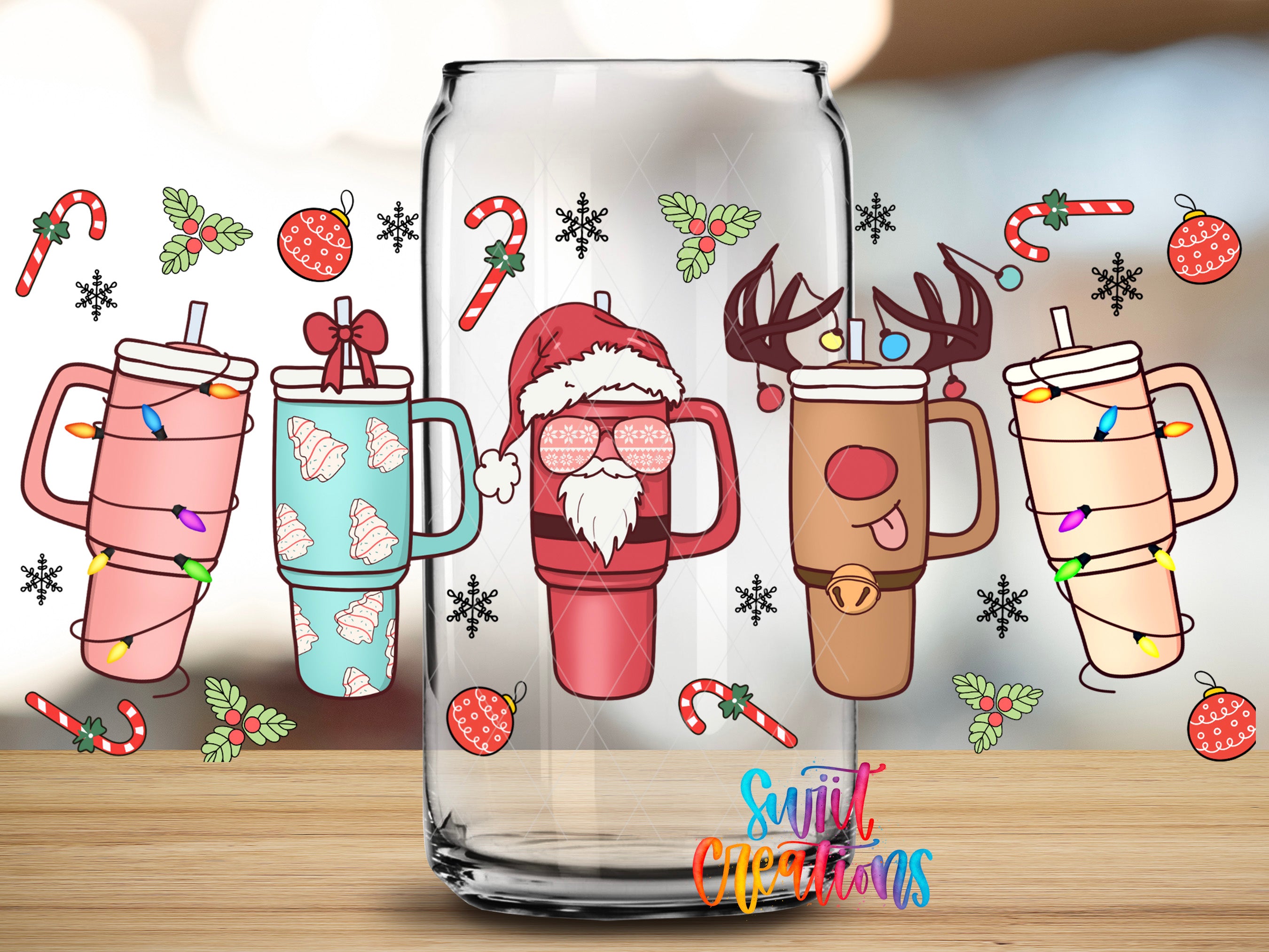 A glass mug with a Santa Claus hat on it, surrounded by other festive-themed mugs and decorations, including Christmas trees, candy canes, and snowflakes.