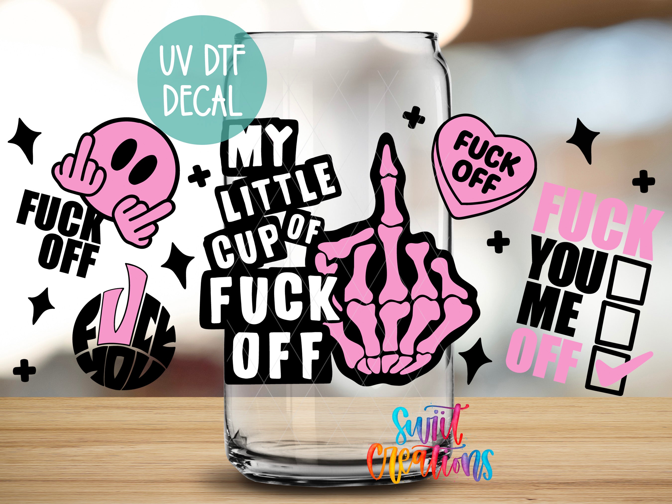 various stickers and decals with offensive language and symbols, such as a skeleton hand, a cup of coffee, and the words "FUCK OFF" and "FUCK YOU ME OFF".