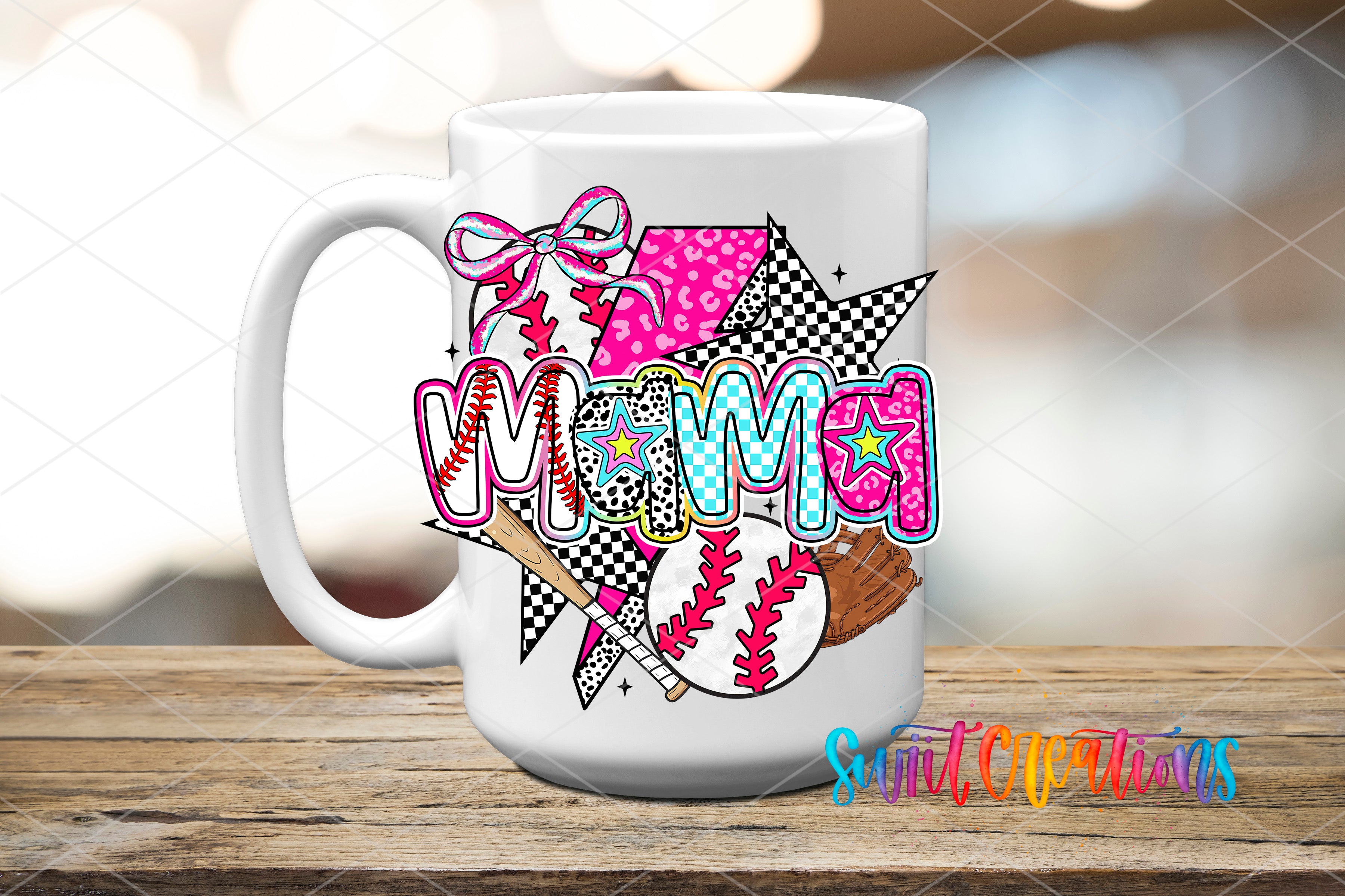 A white ceramic mug with a colorful, abstract design featuring various sports-related elements such as a baseball, a tennis racket, and a baseball glove.
