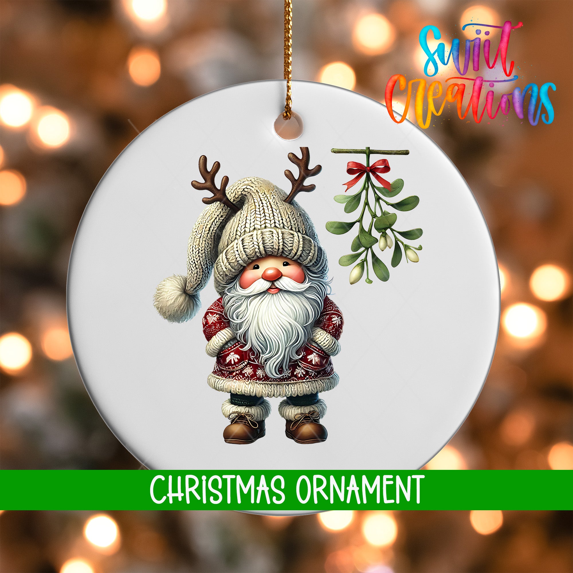 A Christmas ornament featuring a Santa Claus figure with antlers and a mistletoe.